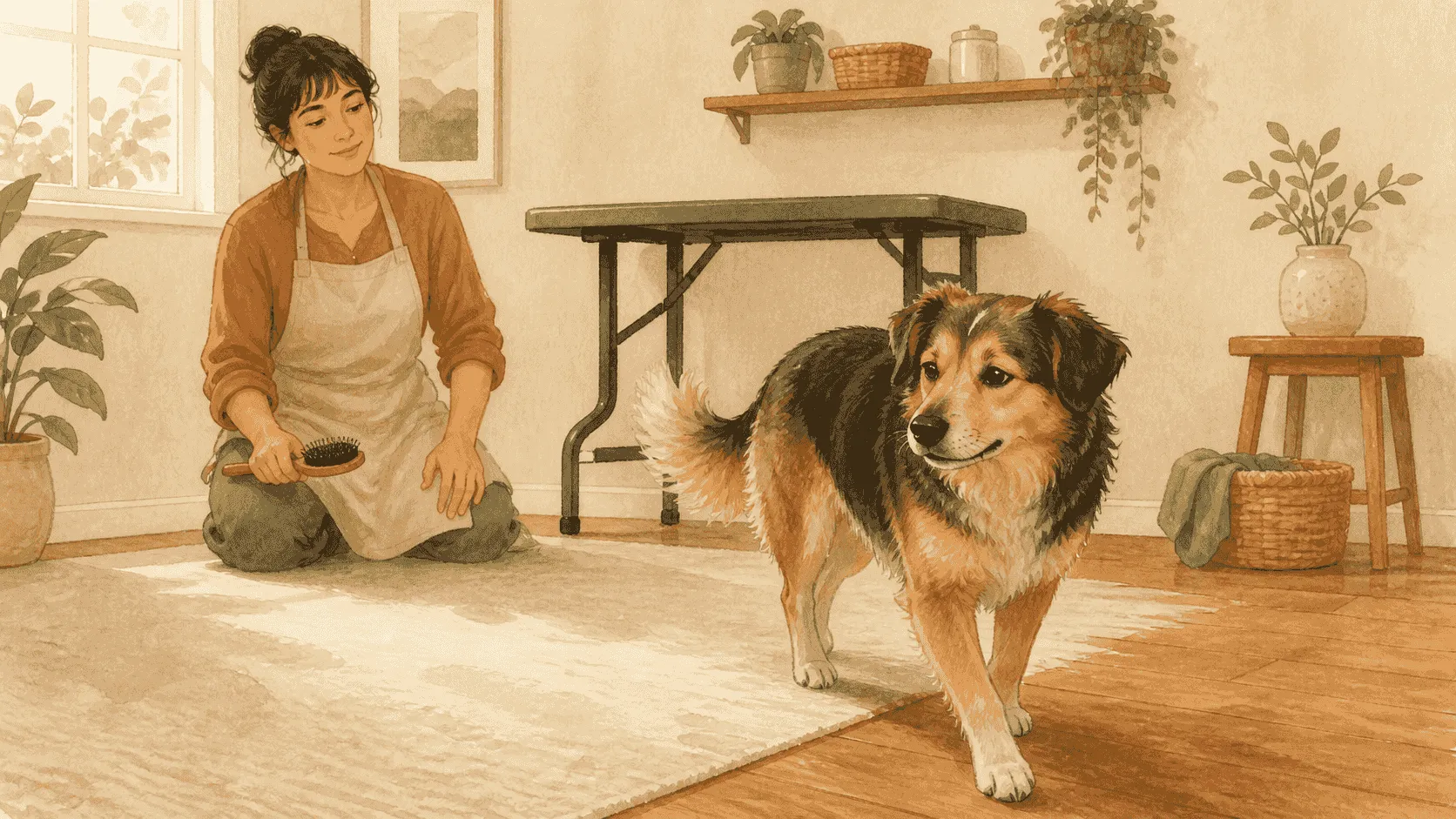 A caregiver lowers a brush as a calm dog steps away from an unbranded grooming setup into a clear floor-level space.