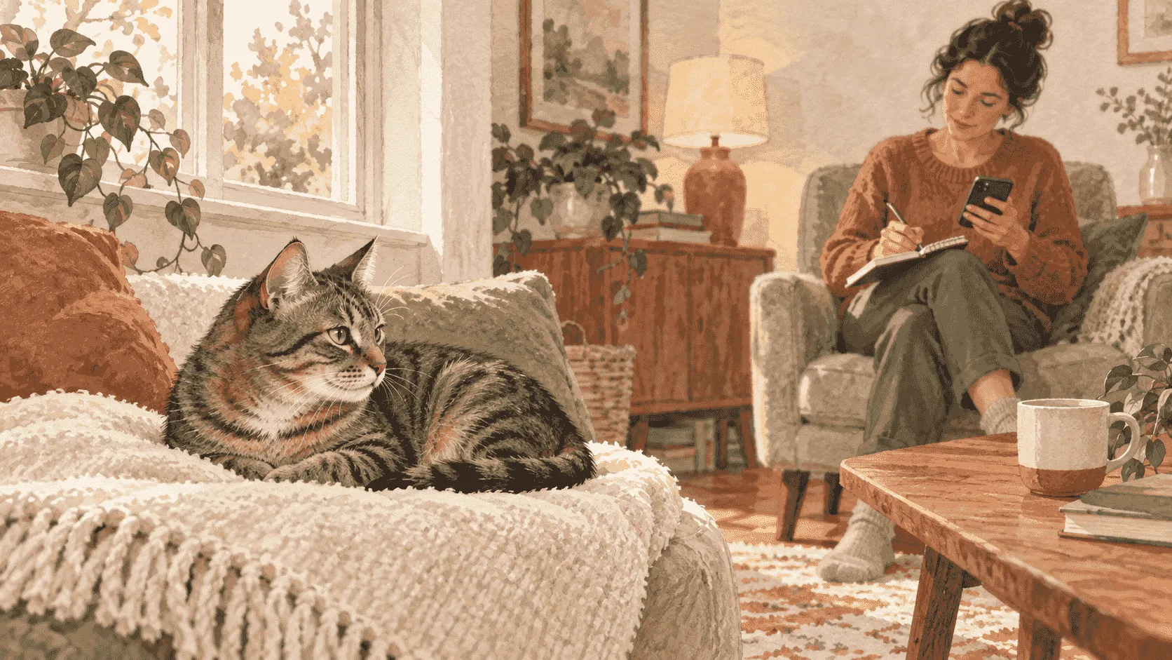 A caregiver writes a simple timeline beside an open carrier while a calm tabby cat rests nearby, with no forced handling or graphic material.