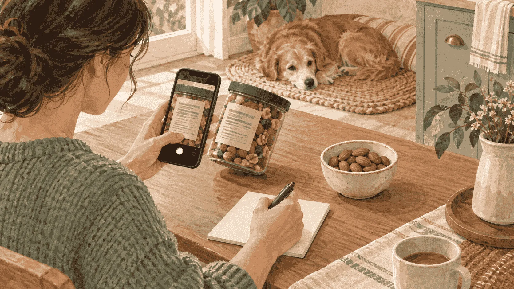 A caregiver checks an almond package and a short exposure note while a dog waits behind a kitchen gate.