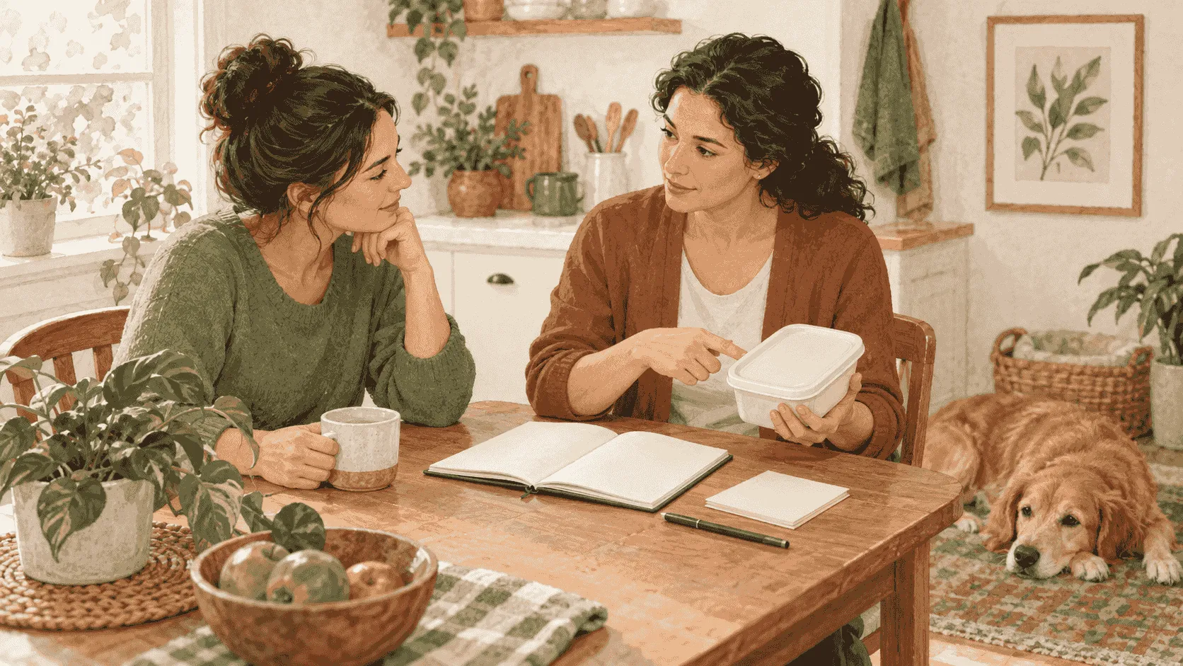 A caregiver and veterinarian review an unbranded covered dog-food container, a simple life-stage note, and a household checklist while a mixed-breed dog waits calmly nearby.