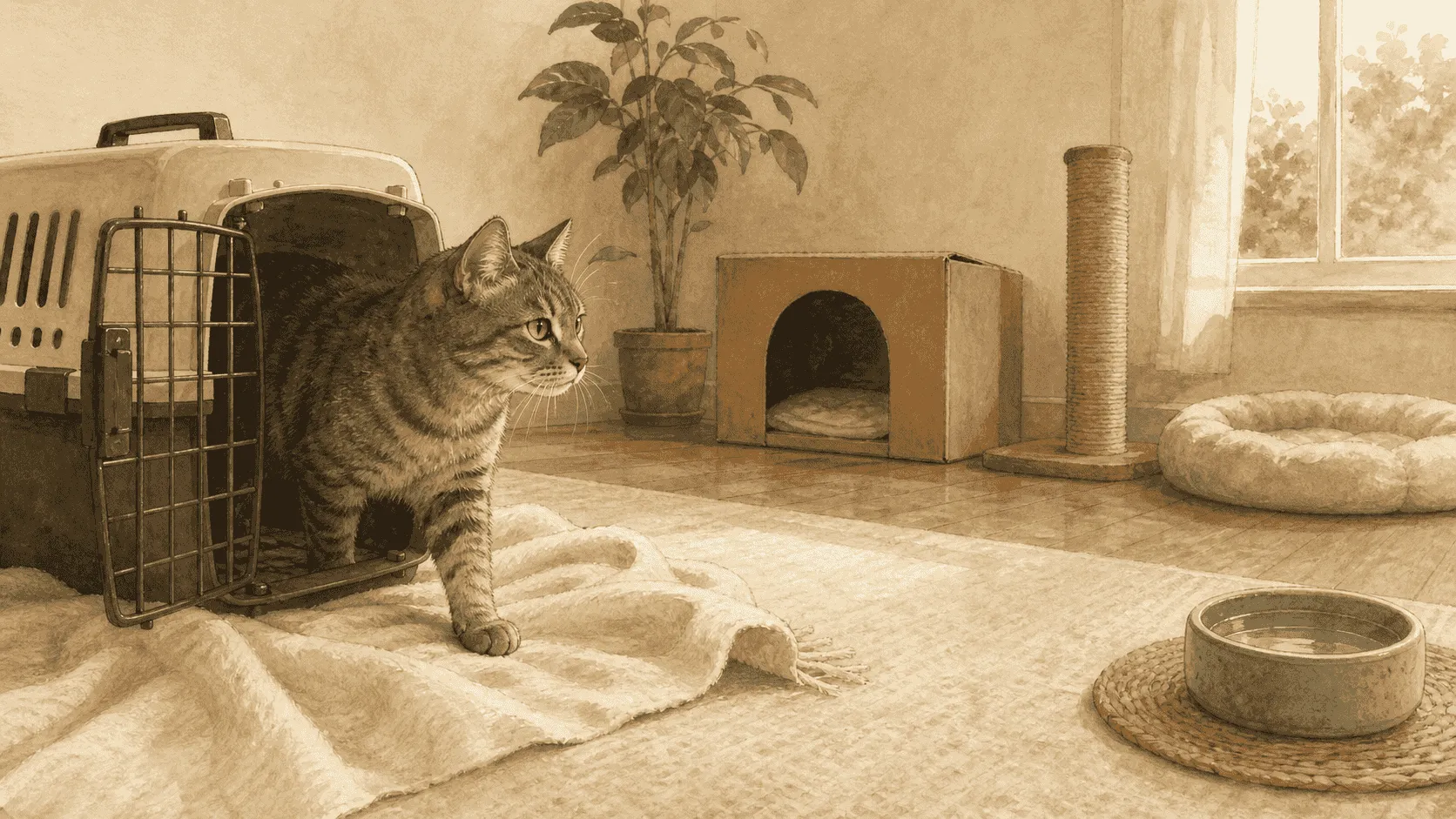 A newly adopted gray tabby steps from an open carrier into a quiet room with a familiar blanket, cardboard hide, scratcher, and separated water bowl.
