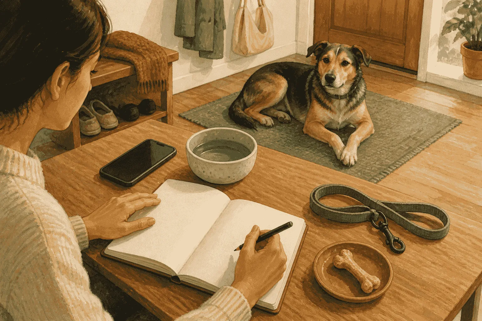 A caregiver records a calm dog's timing and possible exposure details in a blank notebook while a leash, water bowl, and chew rest nearby.