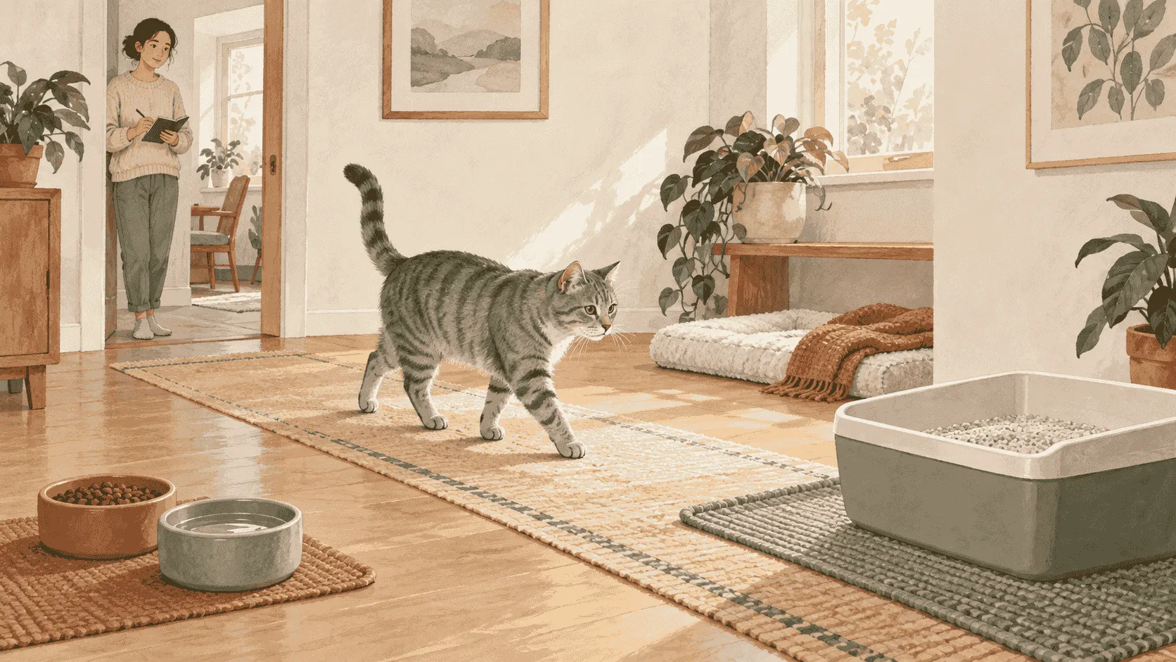 A caregiver checks an open litter box and writes down the time while a gray tabby watches from a nearby resting mat.