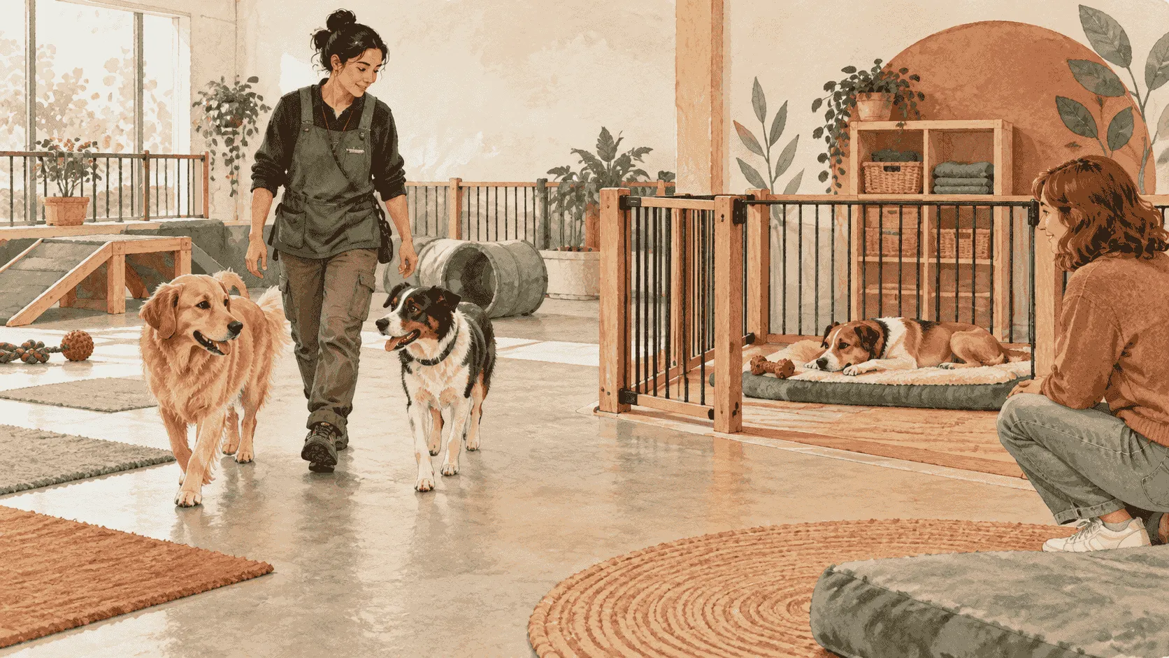 A supervised small dog group leaves a play area while one dog rests on a mat behind a low gate.