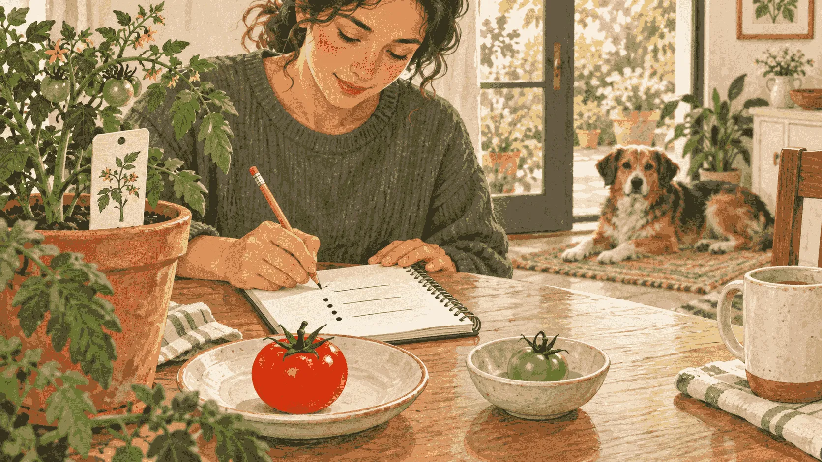A caregiver writes down the plant part and timing beside a tomato plant label while a mixed-breed dog waits behind a low garden barrier.