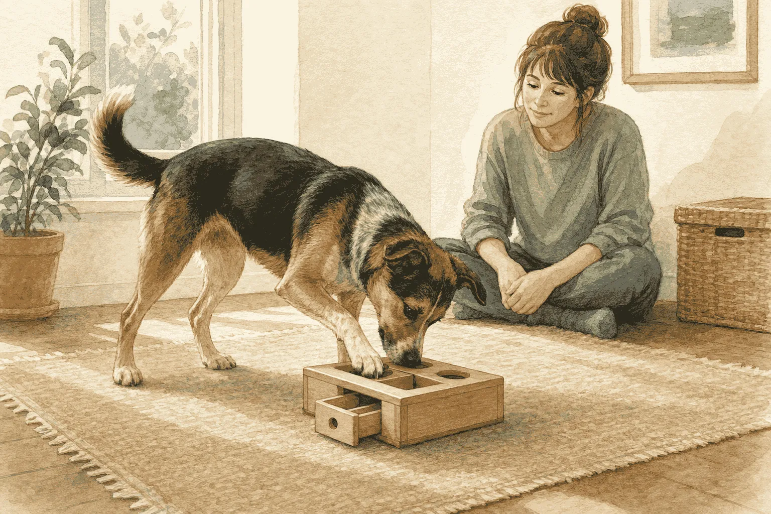 Mixed-breed dog uses its nose and paw on a wooden sliding-box puzzle while a caregiver observes quietly.