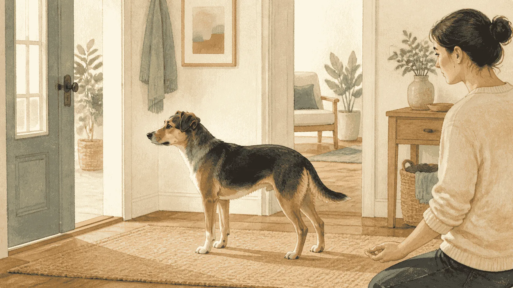 A young mixed-breed dog pauses beside a quiet garden path while a caregiver observes from a few steps away, with the dog's tail, ears, and body clearly visible.