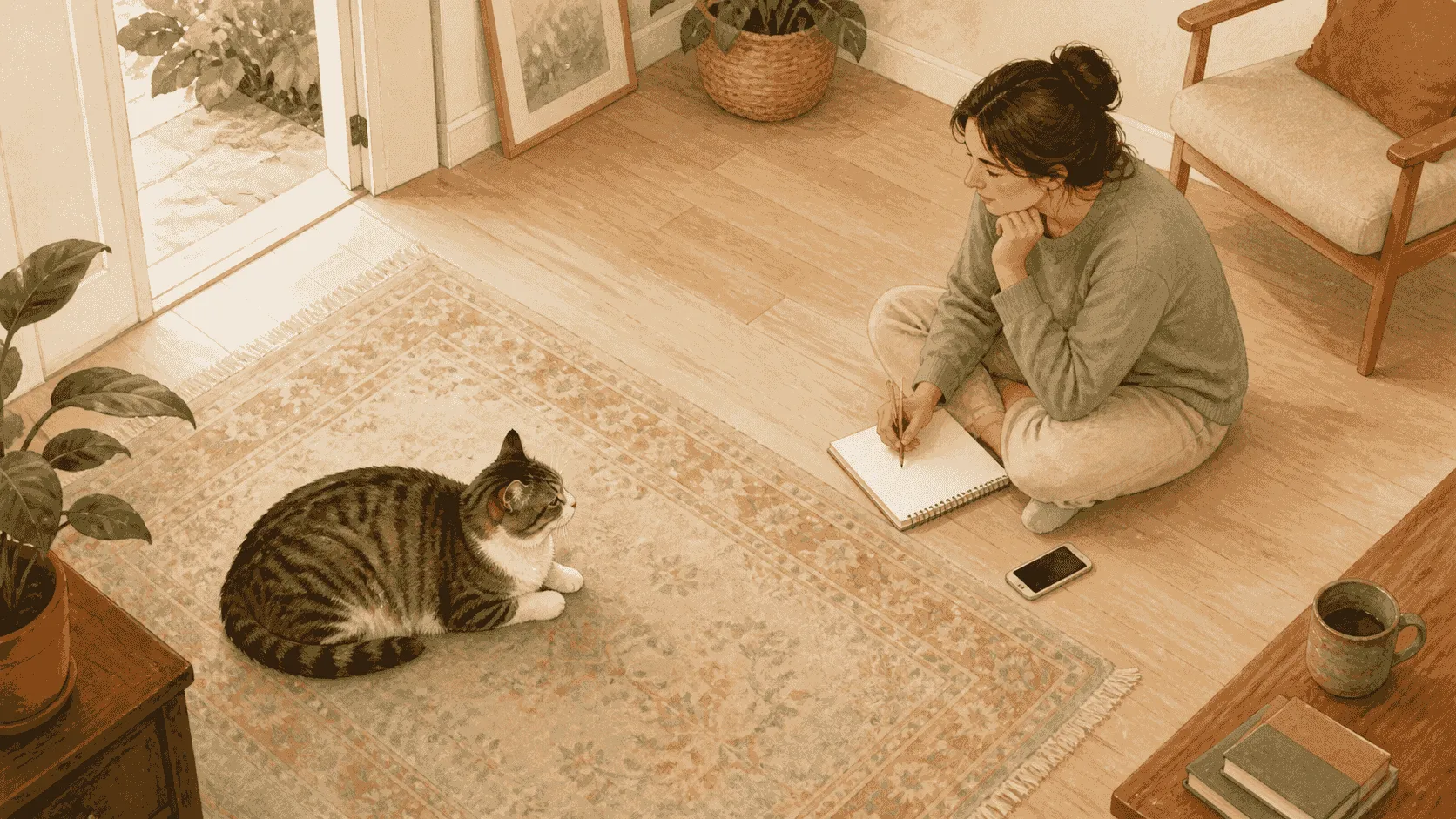 A caregiver pauses beside a cat resting on a quiet blanket while reaching for a phone to call a veterinarian.
