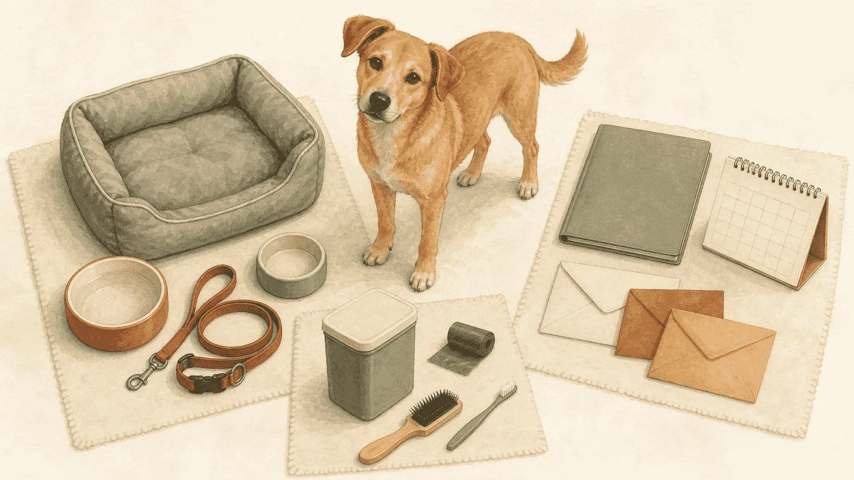 A calm tan mixed-breed dog stands beside three separate groups of unbranded essentials: a bed and lead, food and care items, and a plain closed folder with unmarked envelopes.
