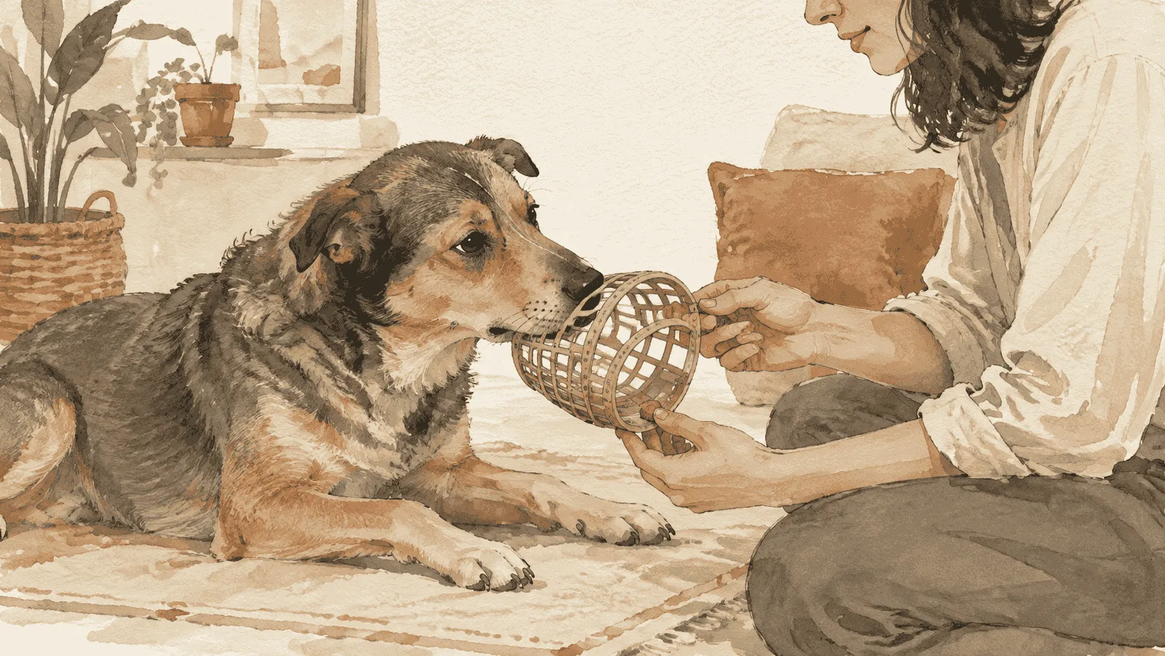 A relaxed mixed-breed dog chooses to place its nose near an open, unbranded muzzle while a caregiver offers a small reward.