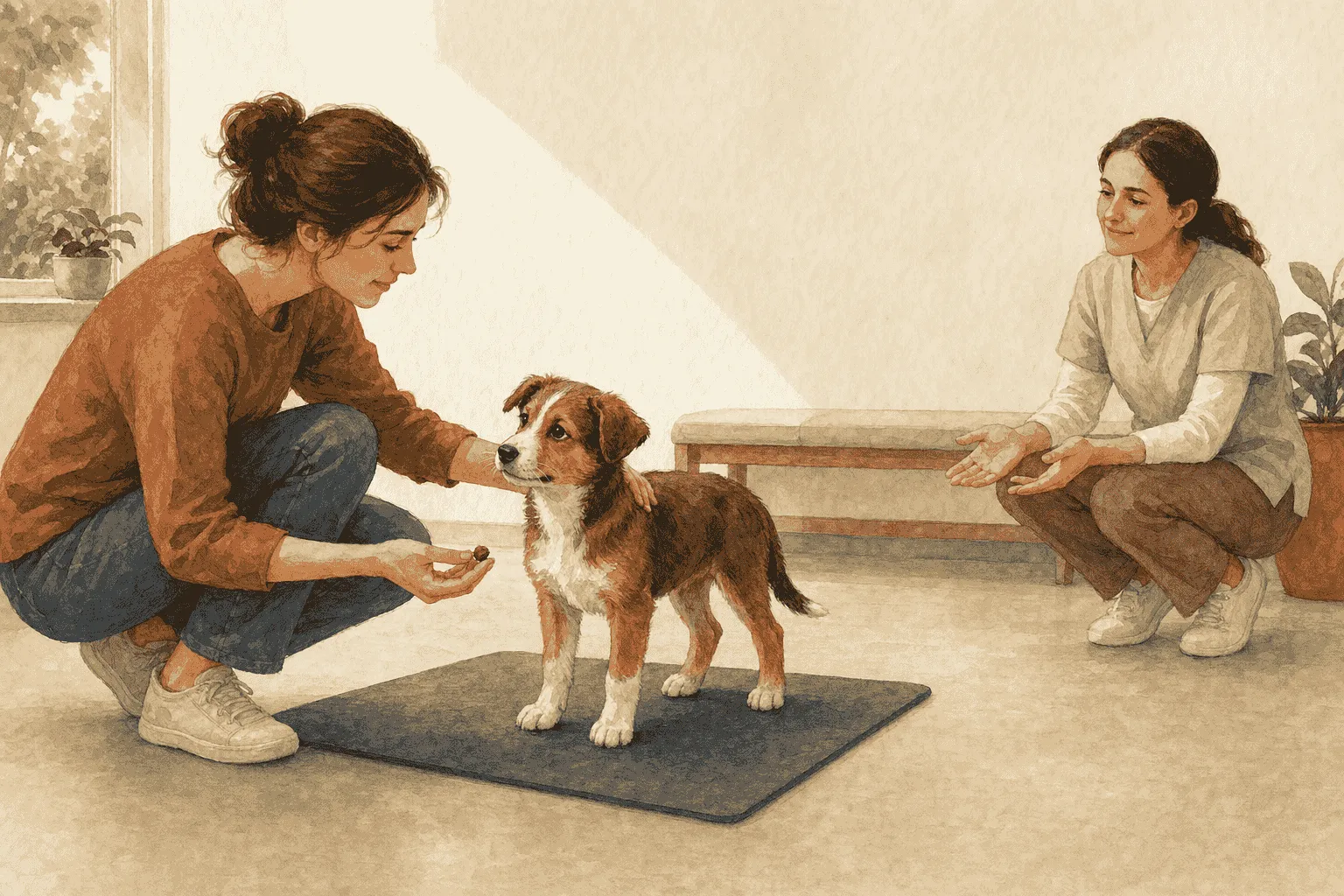 A brown-and-white puppy stands on a nonslip mat while a caregiver offers a treat and a veterinarian waits nearby.
