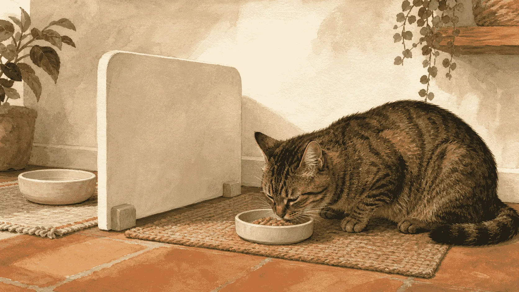 An adult tabby cat eats a small wet-food meal in a quiet corner while a second dish is set behind a low visual screen.