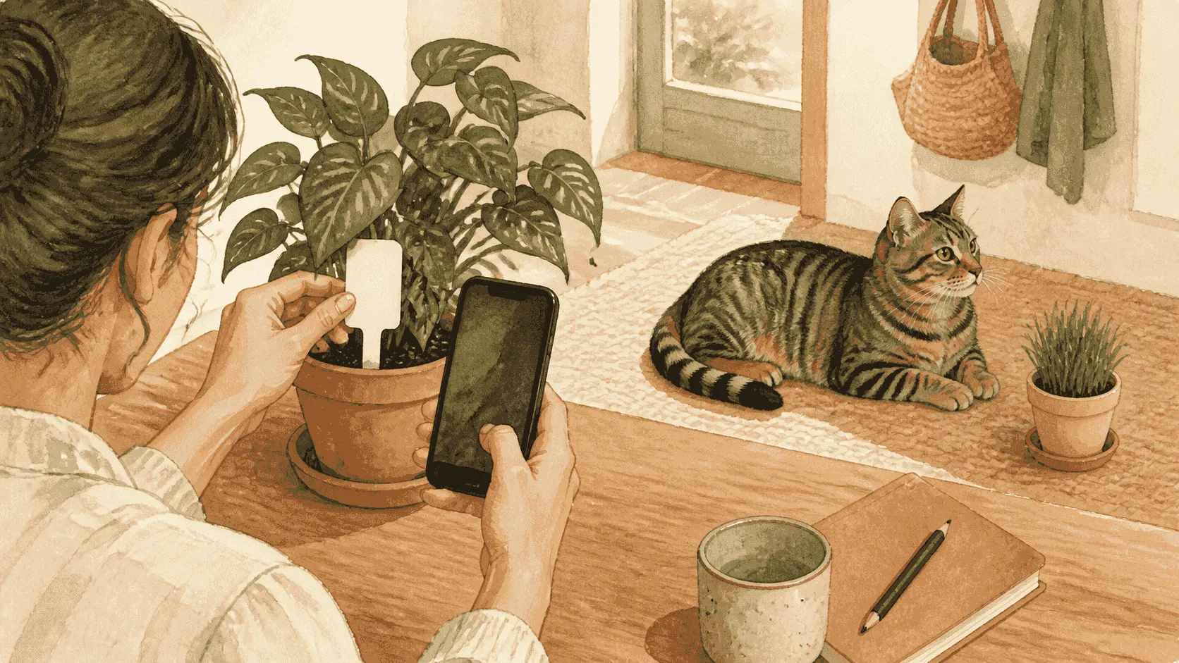 A caregiver photographs a plant label while a tabby cat rests beside a separate pot of grass.