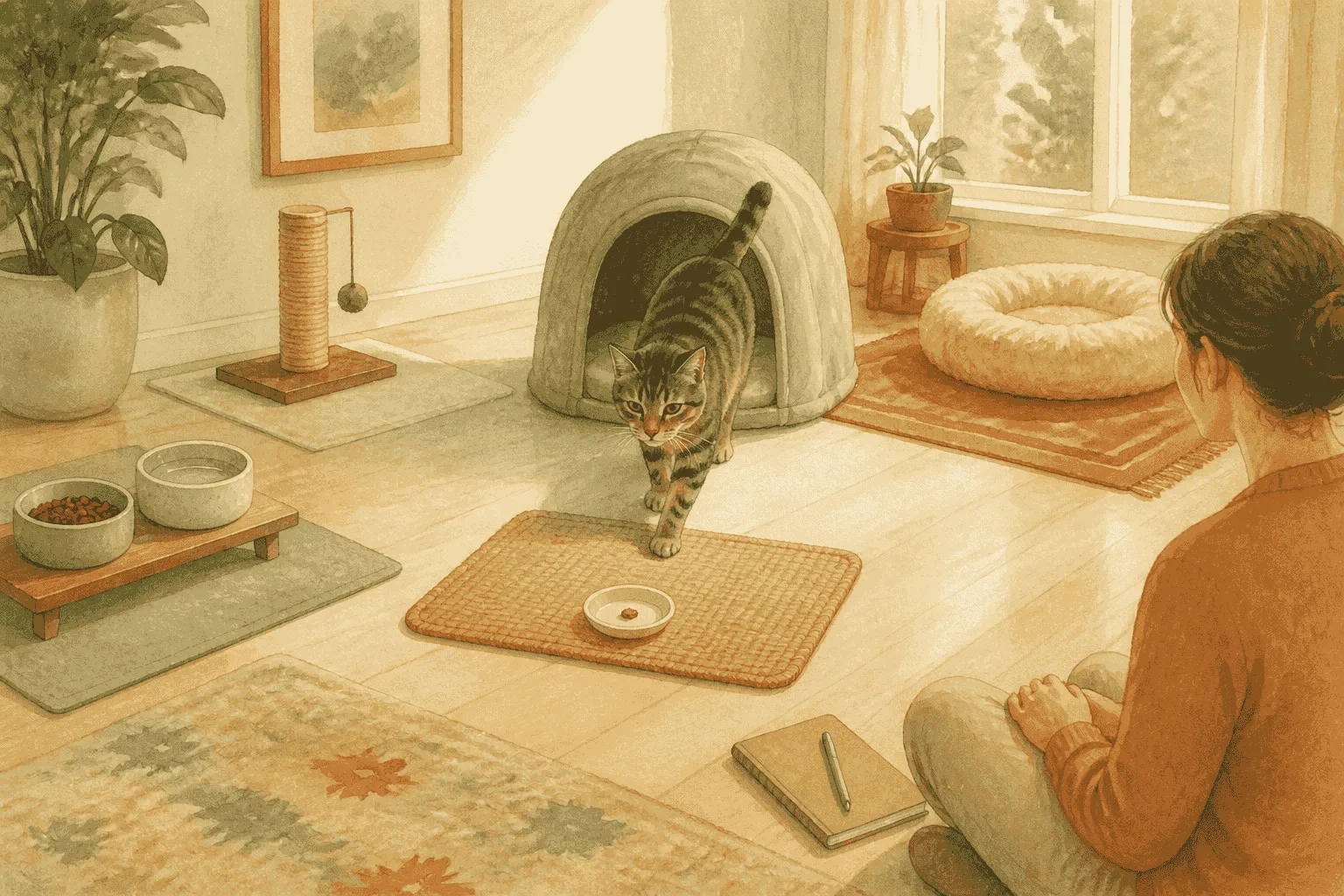 A tabby cat rests in an open retreat while separated food, water, and resting resources remain available nearby.