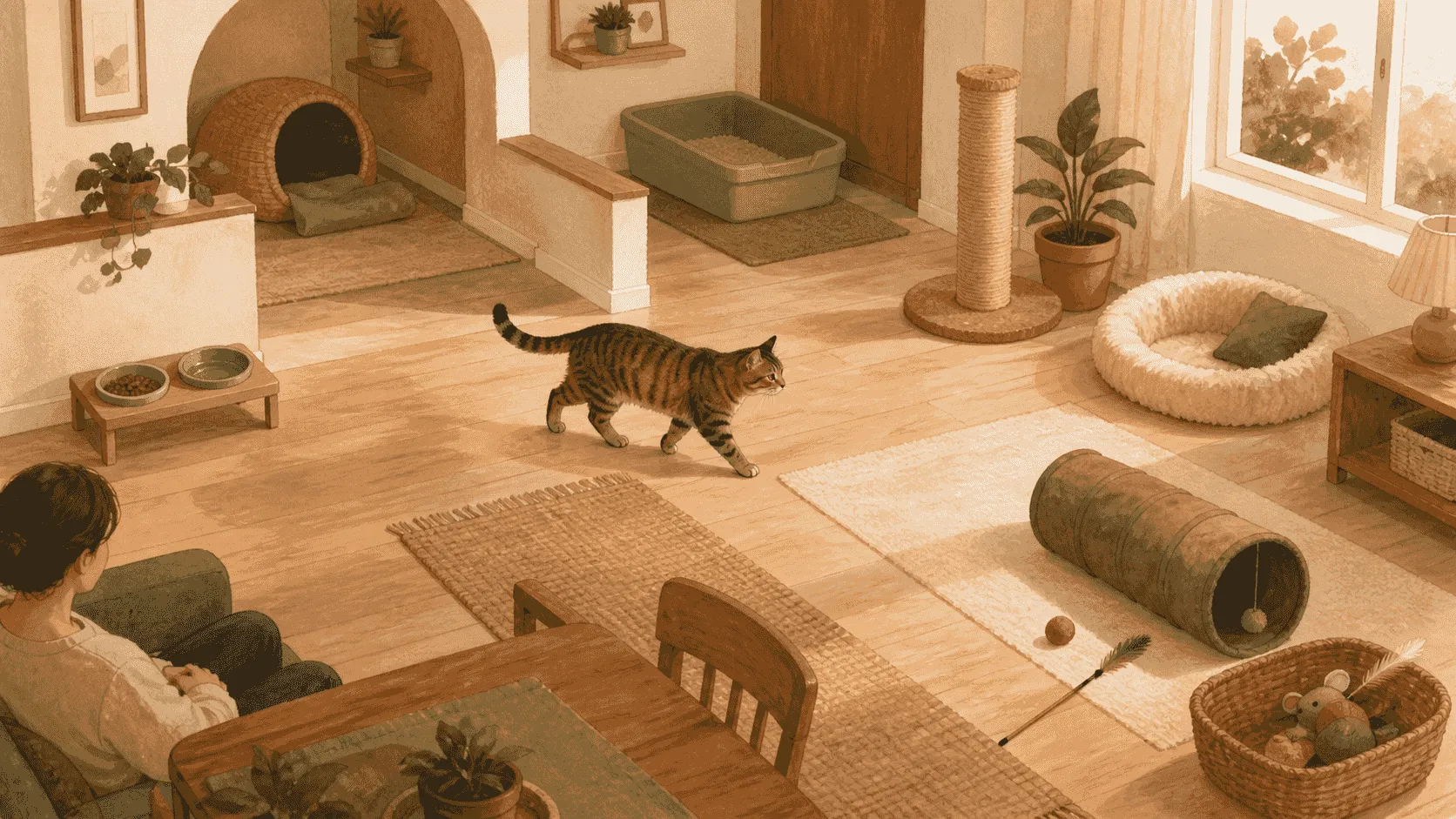 A tabby cat chooses an open retreat beside separated food, water, and resting areas while a caregiver observes from across the room.