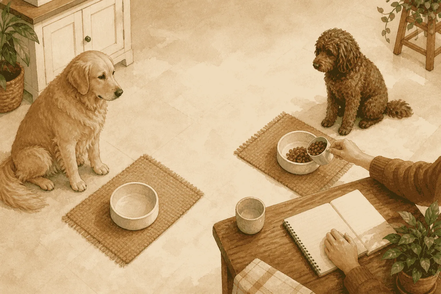 An adult mixed-breed dog waits beside two measured bowls while a caregiver records a daily feeding plan at a kitchen table.