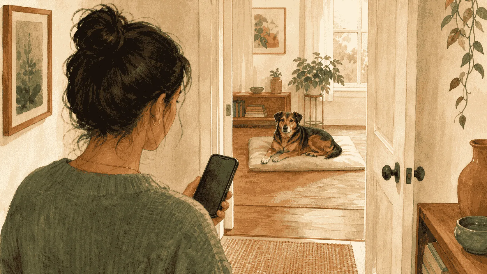 A caregiver checks a phone recording beside an open interior doorway while a relaxed rescue dog remains on a mat in the next room.