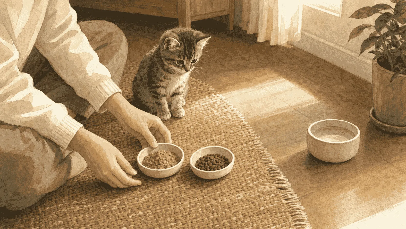 A caregiver places small wet and dry food meals in ceramic dishes while a gray tabby kitten waits nearby and a water bowl sits in a separate quiet spot.