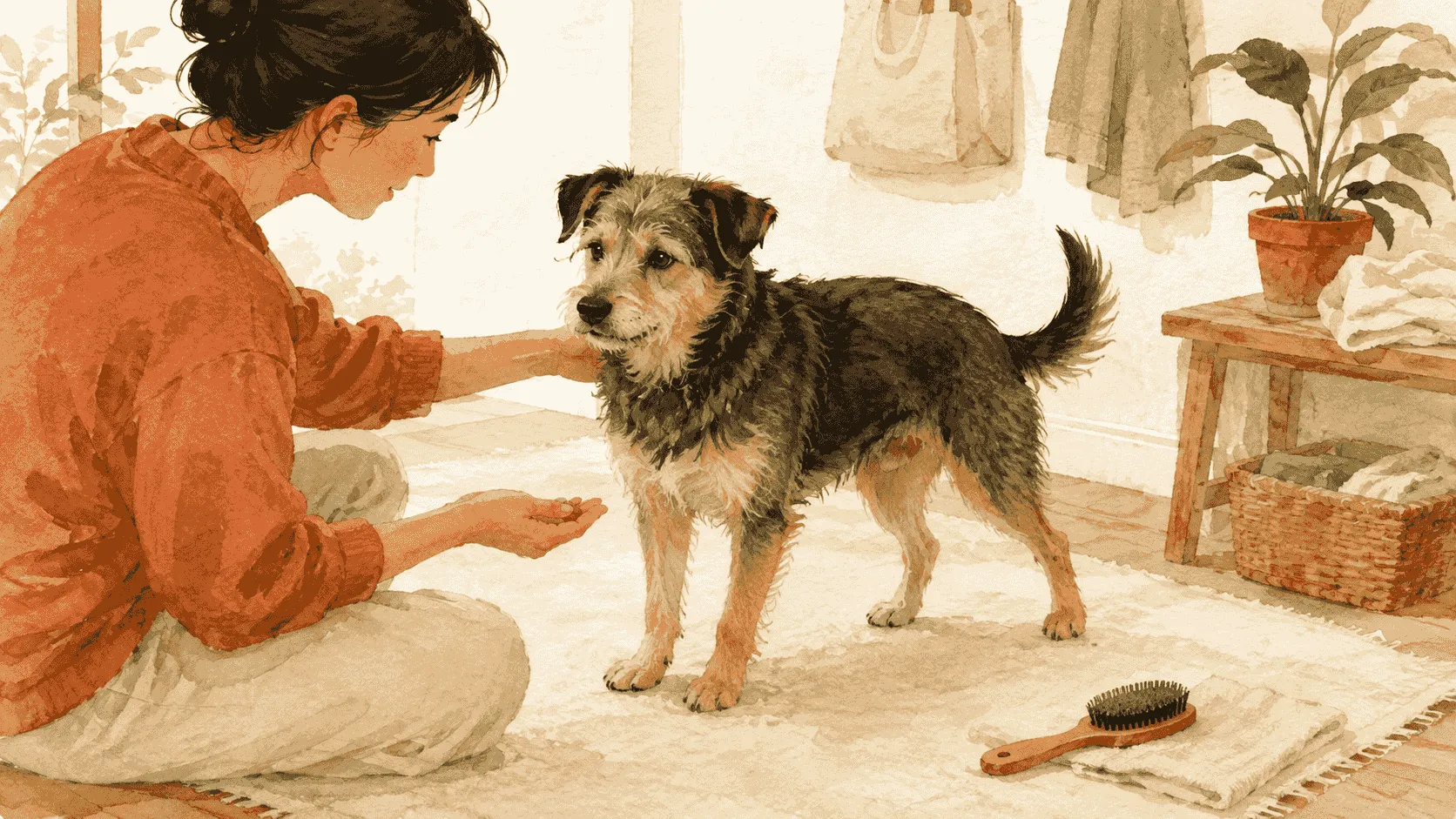 A caregiver offers a small reward after a brief shoulder touch while a relaxed dog can step away from the brush.