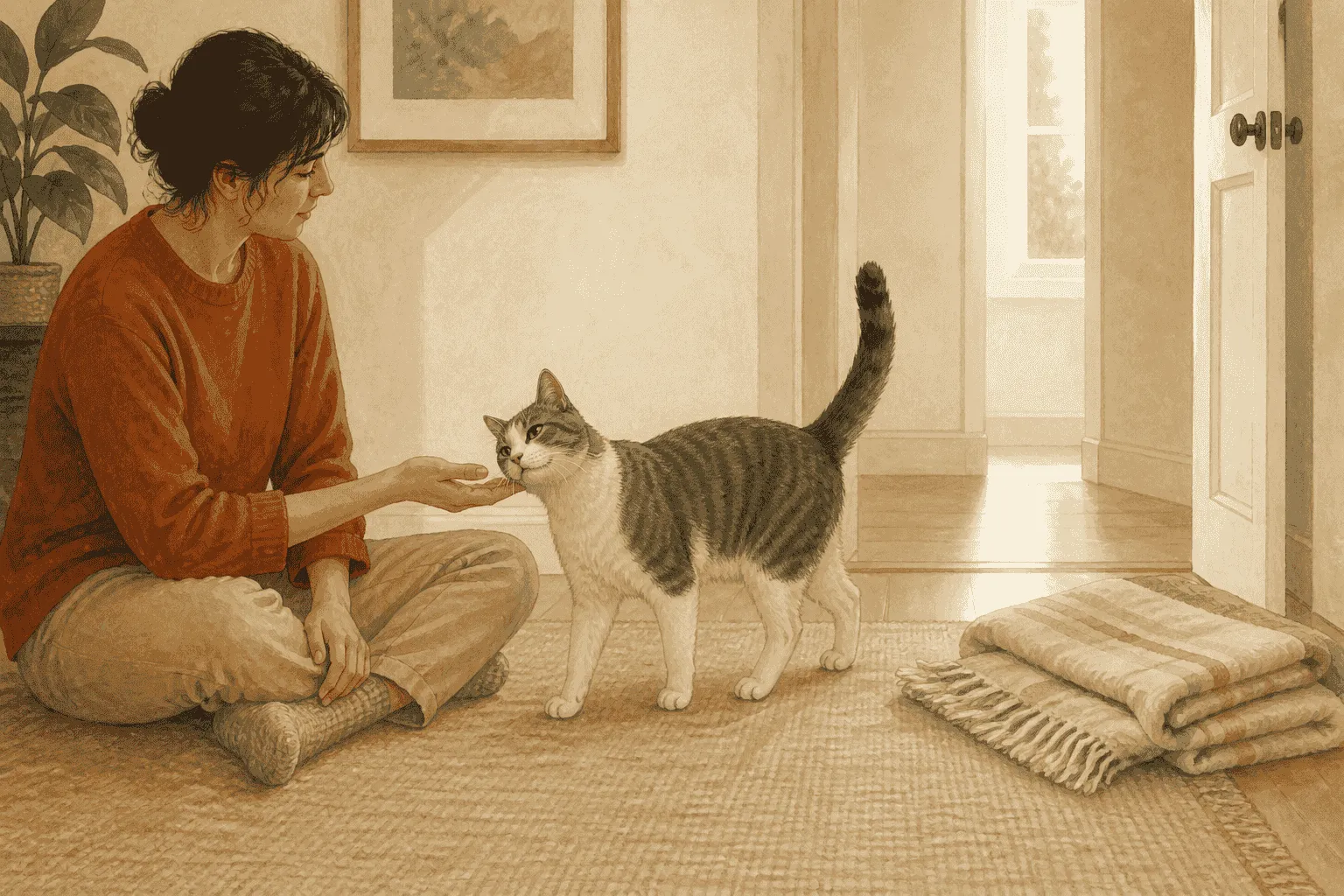 A gray-and-white cat approaches a caregiver's still hand near its cheek while an open doorway gives the cat room to leave.