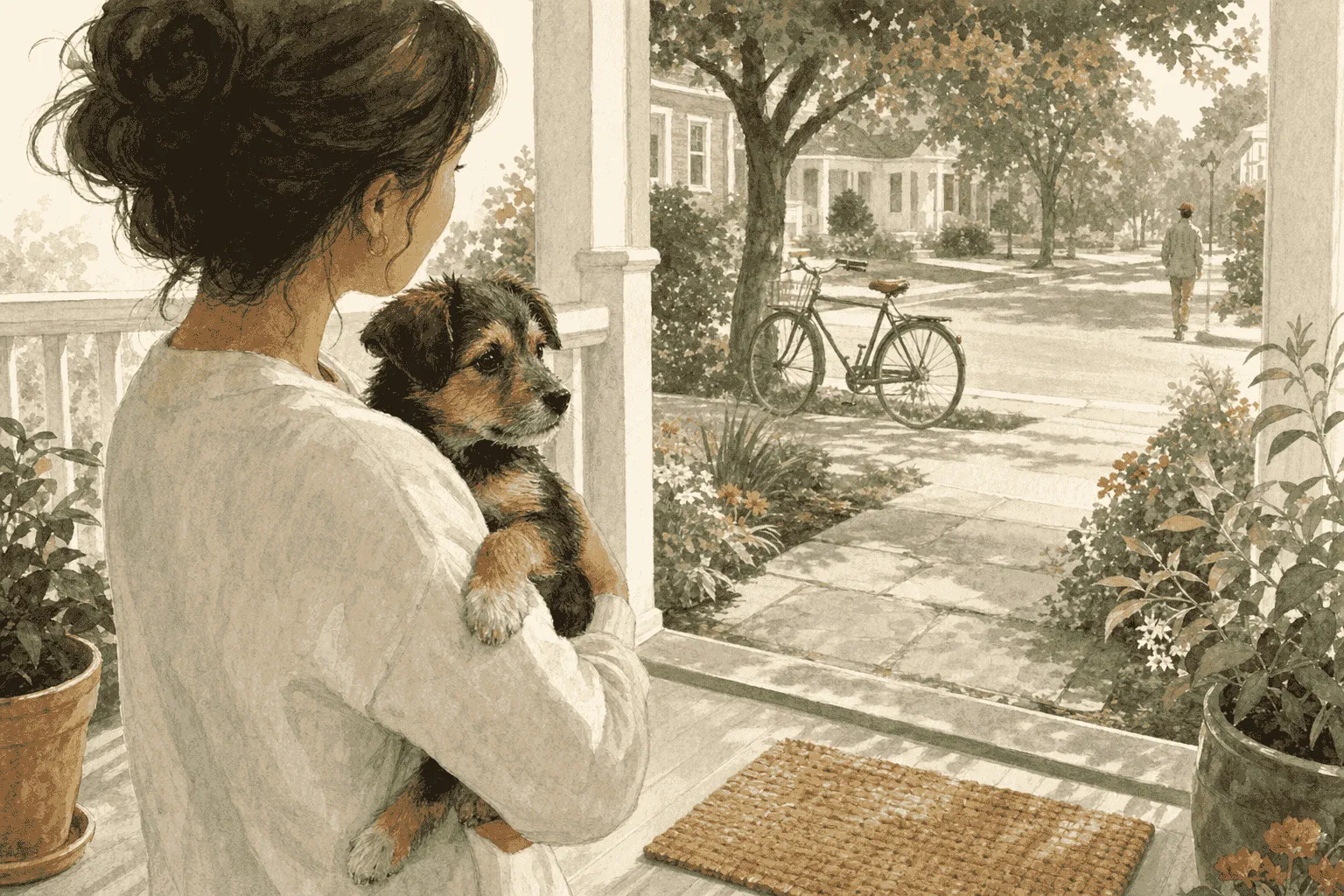 Small mixed-breed puppy watches a quiet neighborhood from the secure hold of a caregiver on a porch.