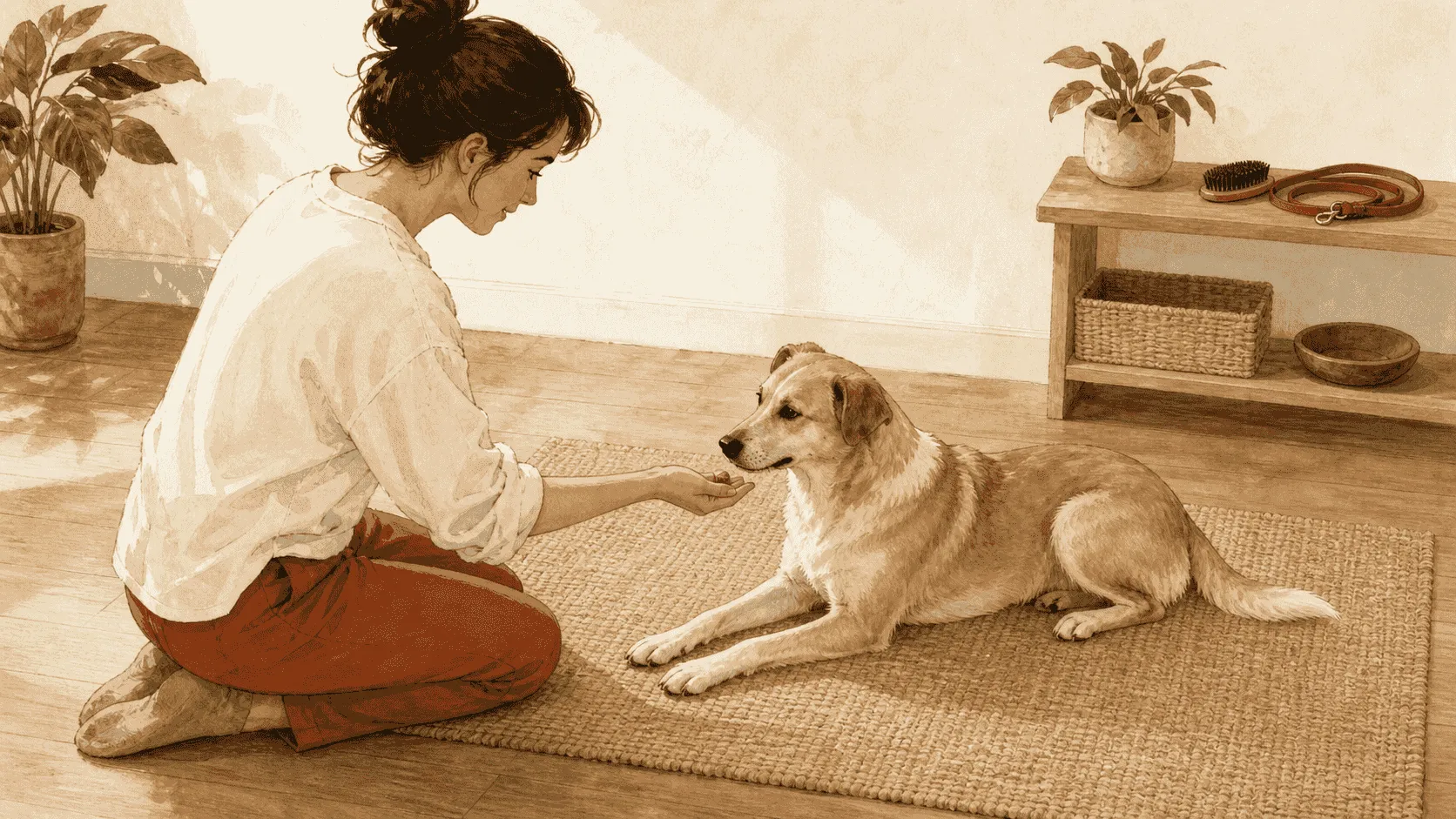 A first-time owner rewards a relaxed mixed-breed dog for settling on a mat while a brush and lead remain unused on a nearby shelf.