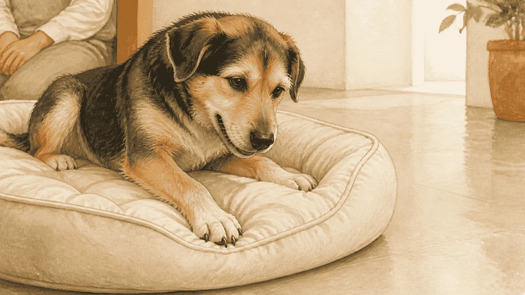 A close view of a dog pawing a plain bed once while the open route beside it remains clear.
