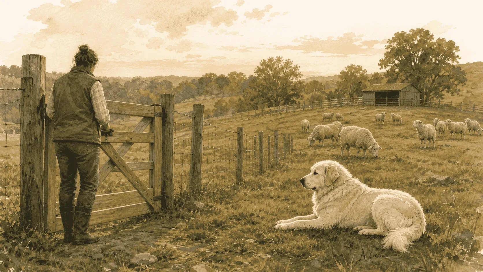 A guardian-type dog rests near a small flock of sheep inside a fenced pasture while a caregiver checks a gate from outside the fence.