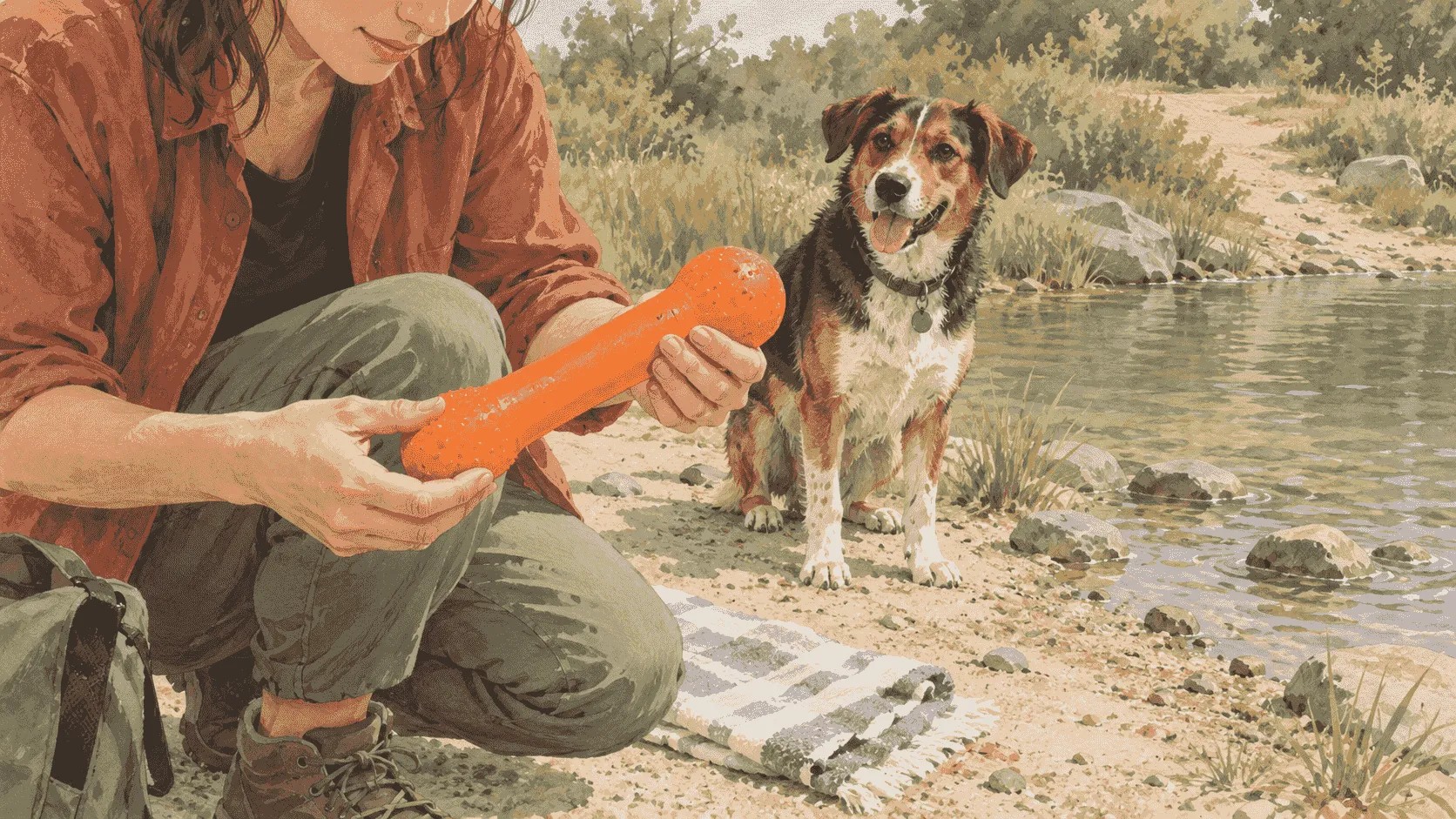 A caregiver inspects an unbranded orange water toy beside a shallow shoreline while a mixed-breed dog waits on dry ground.