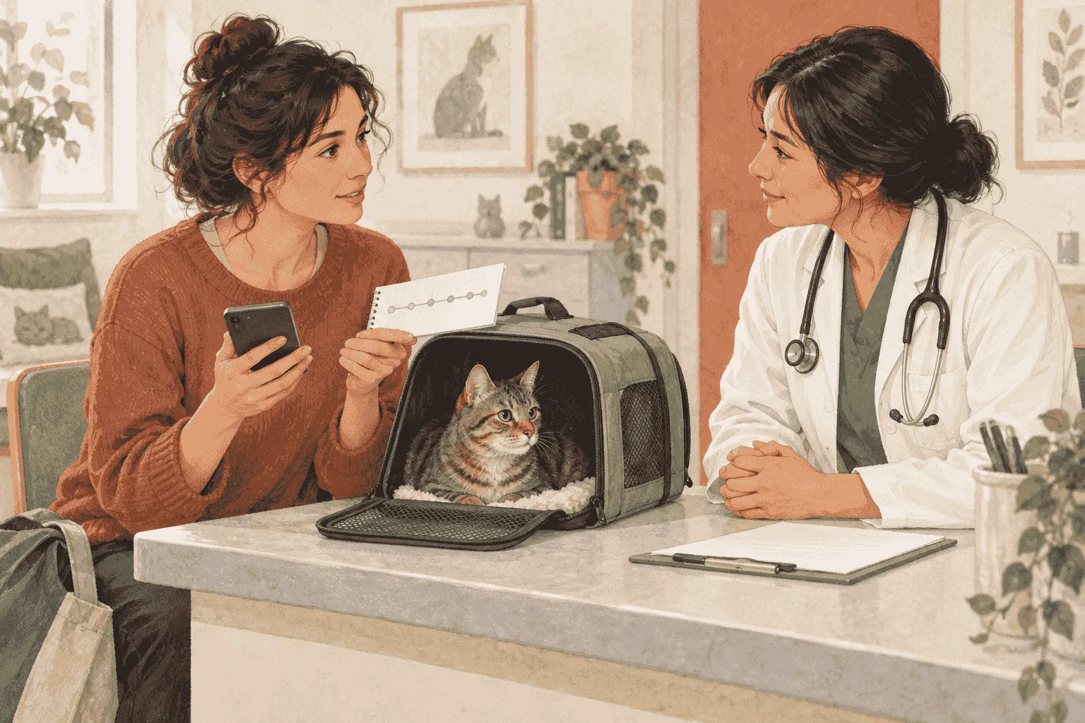 A caregiver writes a calm vomiting observation note while a tabby cat rests in an open carrier, with no graphic material or forced handling.