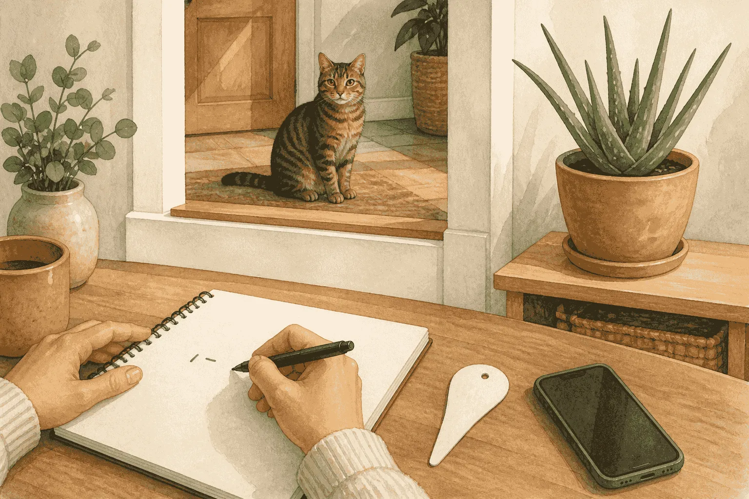 A caregiver writes the possible plant exposure time beside a blank nursery label while a tabby cat stays safely away from a potted aloe.