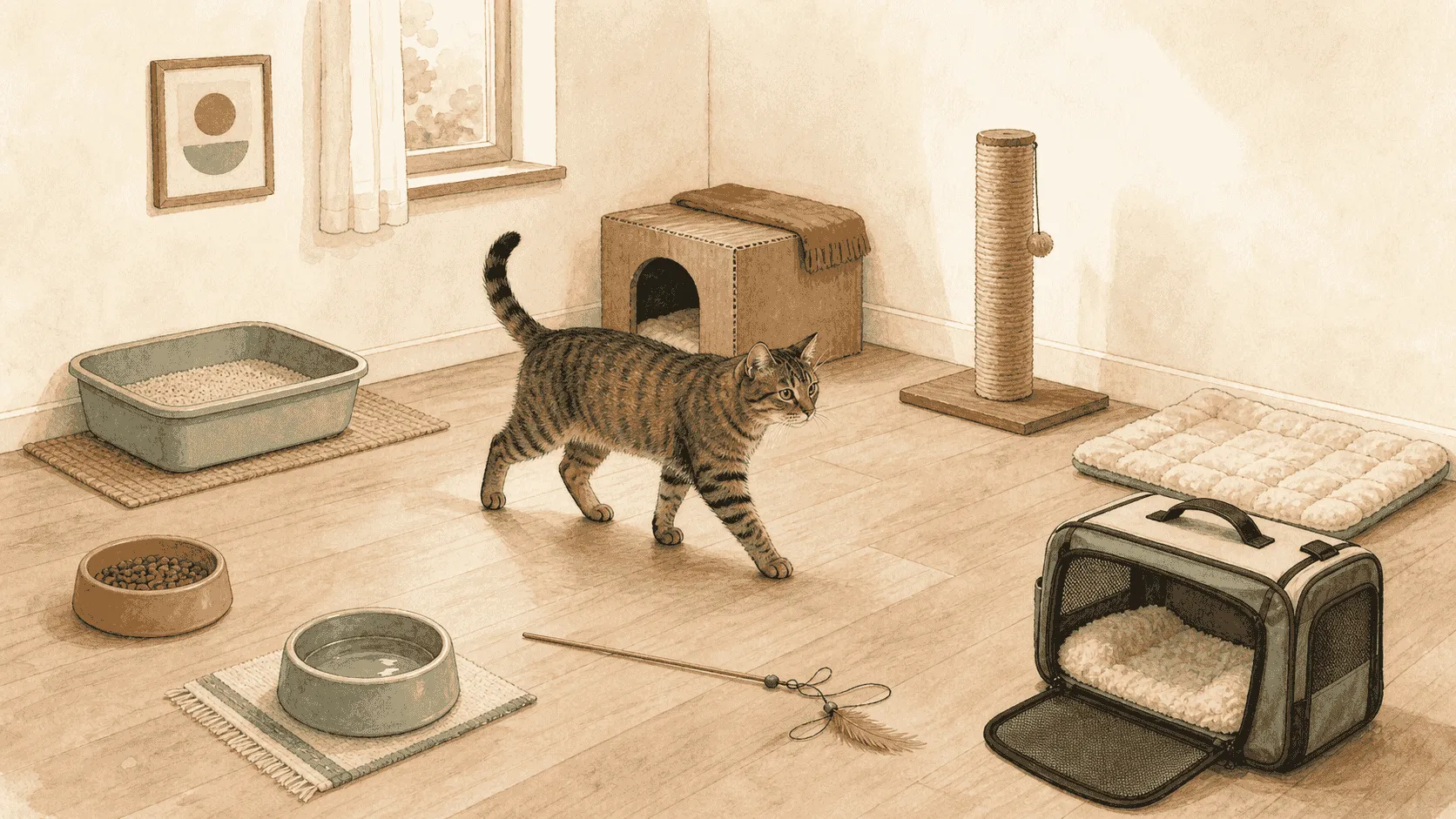 An adult tabby moves between a clean litter tray, separated food and water bowls, a scratcher, a resting mat, and an open carrier in a calm room.