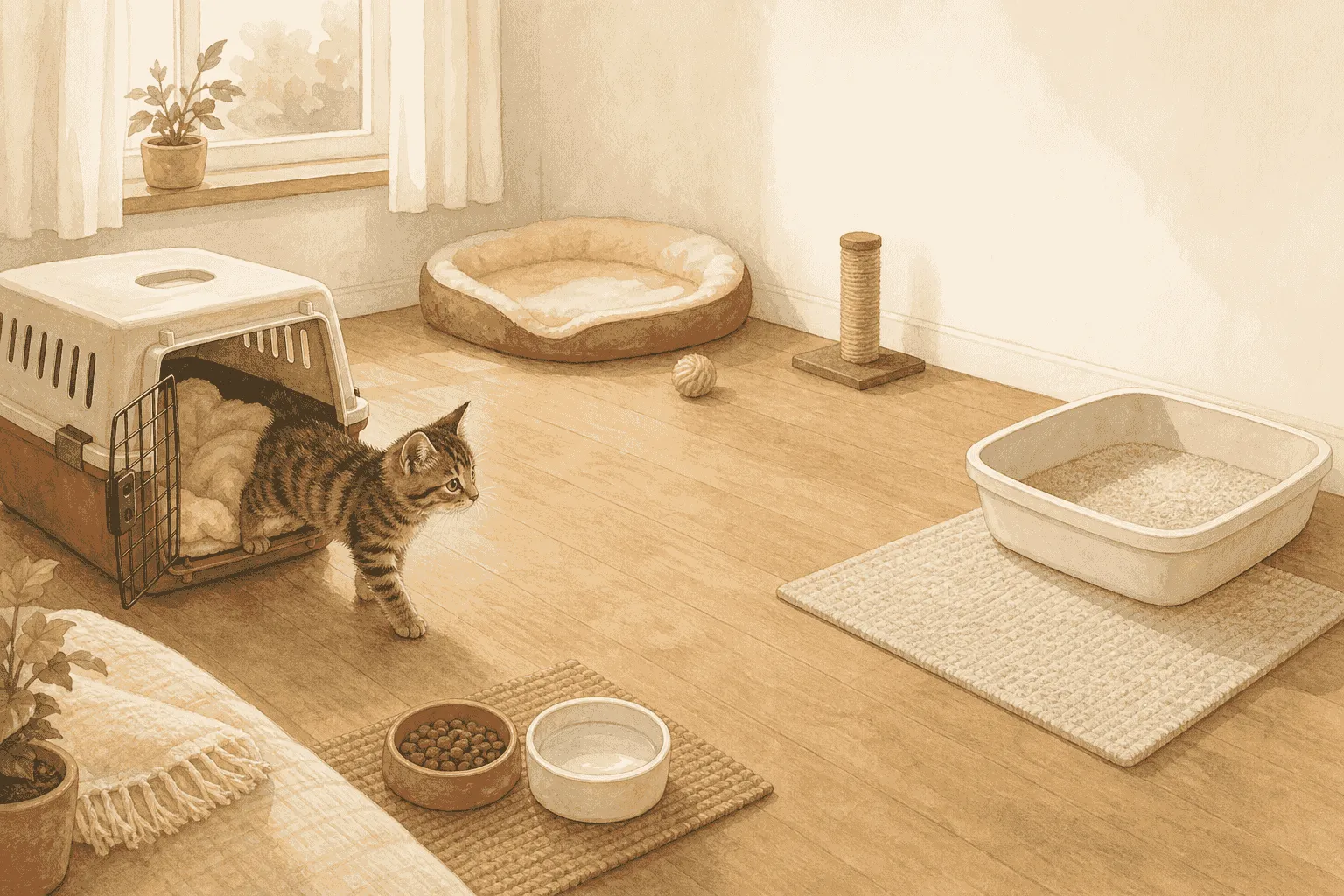 A tabby kitten steps out of an open carrier in a quiet base room with a bed, bowls, scratcher, and litter box arranged in separate areas.
