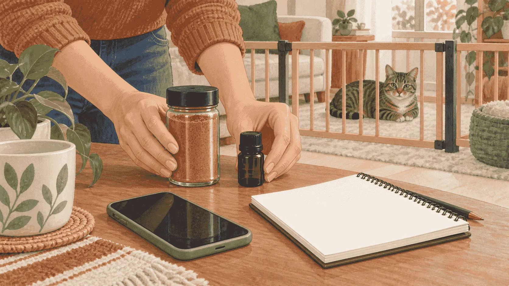 A caregiver keeps a sealed, unbranded cinnamon spice jar and oil bottle out of reach while a cat rests behind a low indoor gate.
