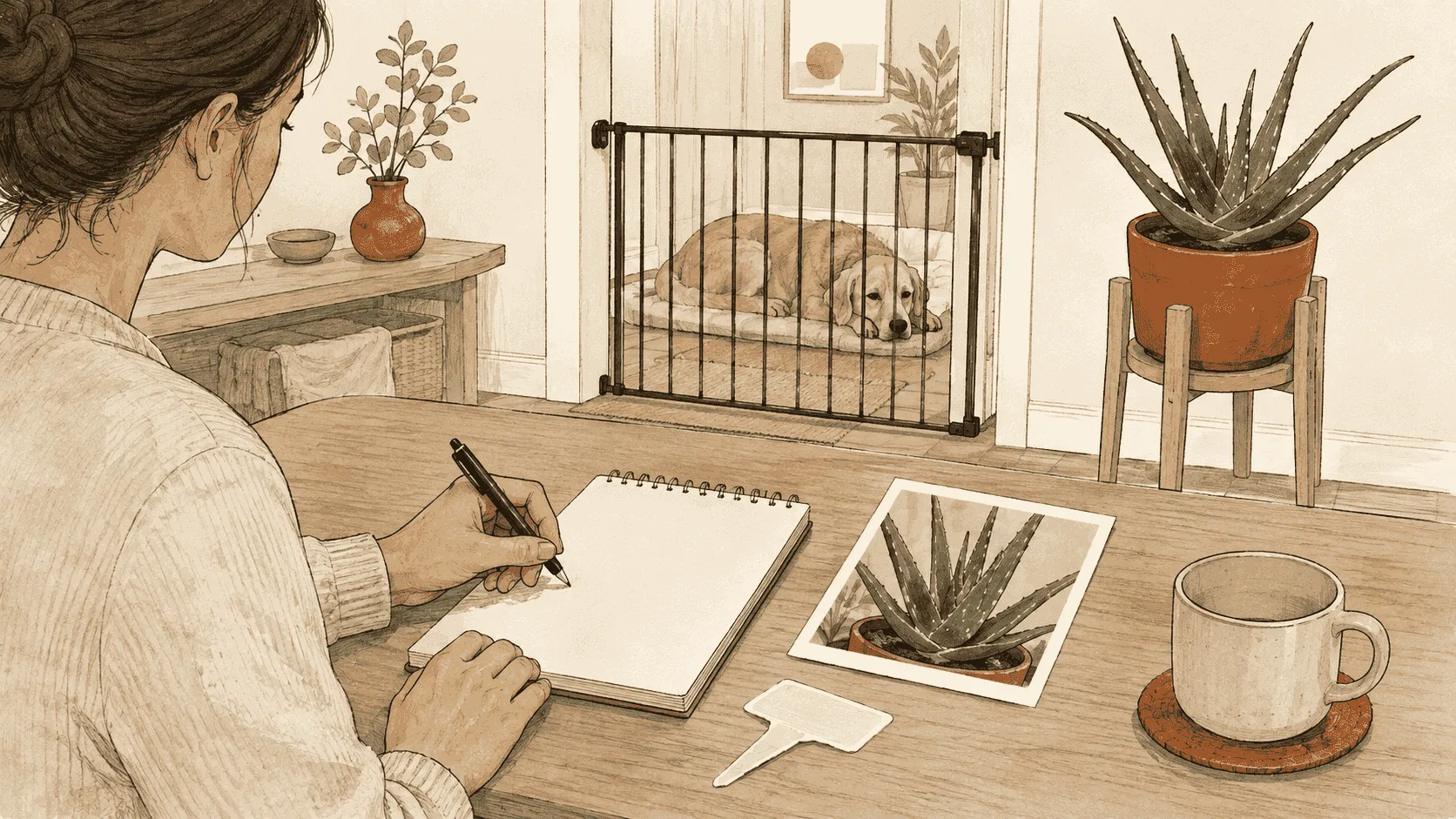 A caregiver writes the possible plant exposure time beside a blank nursery label while a dog stays safely away from a potted aloe.