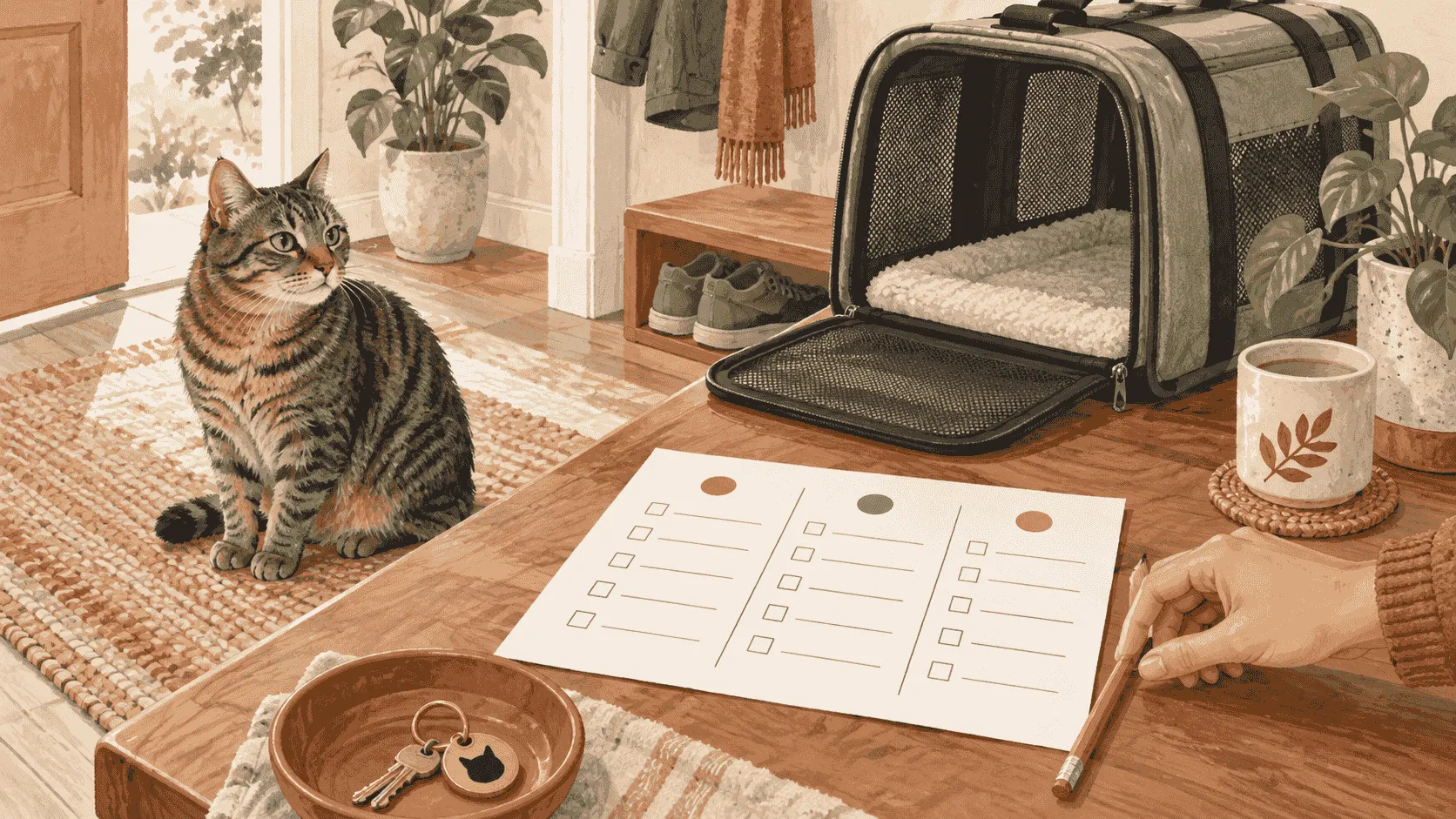 A caregiver highlights line items on an unbranded cat dental estimate while a relaxed tabby waits nearby with a clear route away.