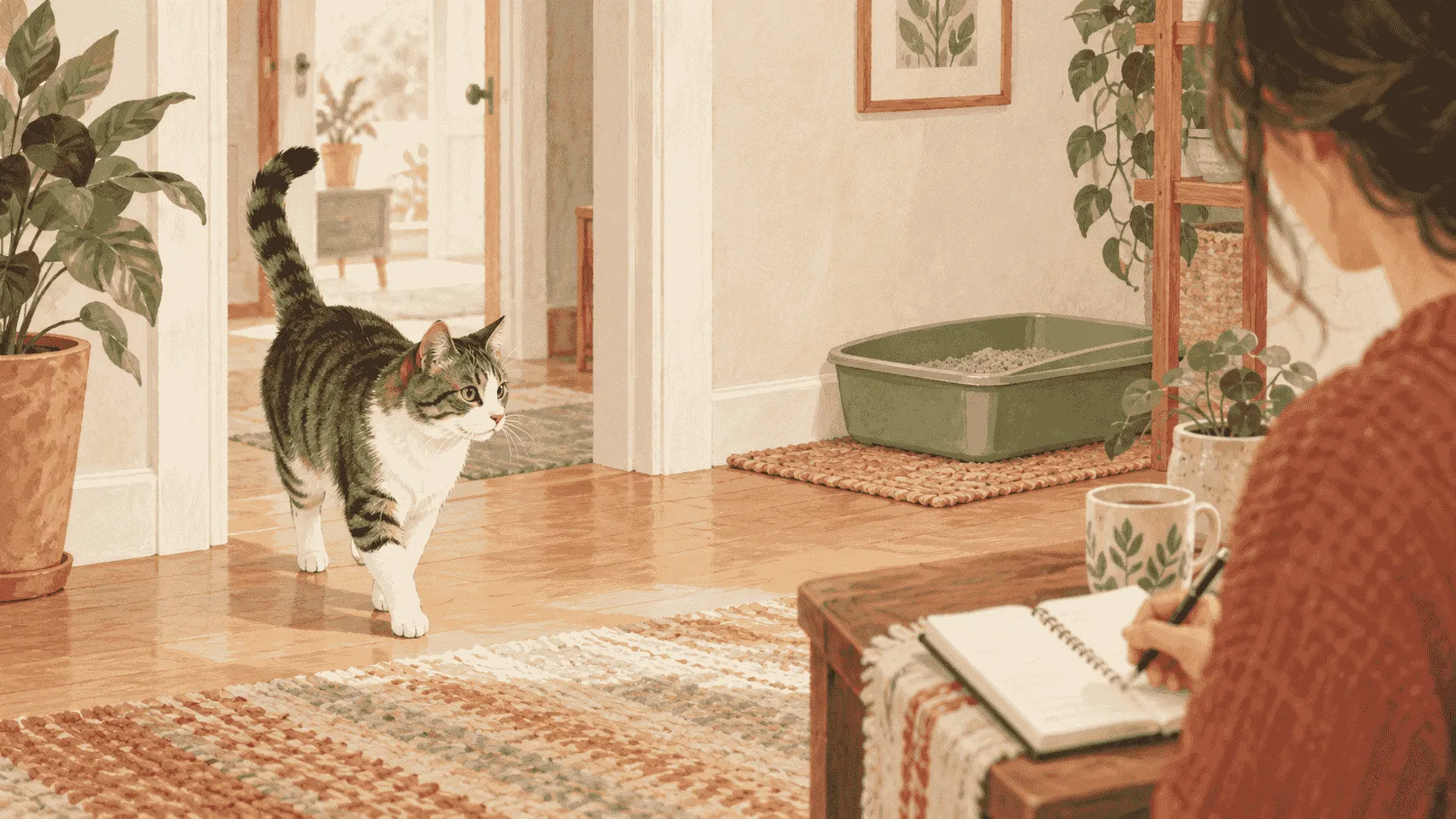 A caregiver writes a neutral before-and-after note while a relaxed male cat rests on a cream mat with an open route away.