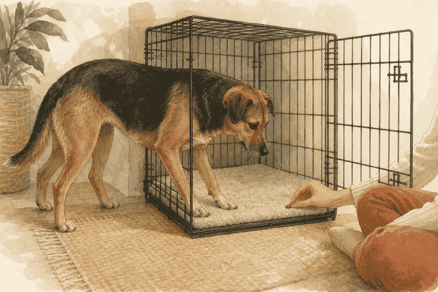 A mixed-breed dog steps into an open crate toward a treat placed on the mat by a seated caregiver.
