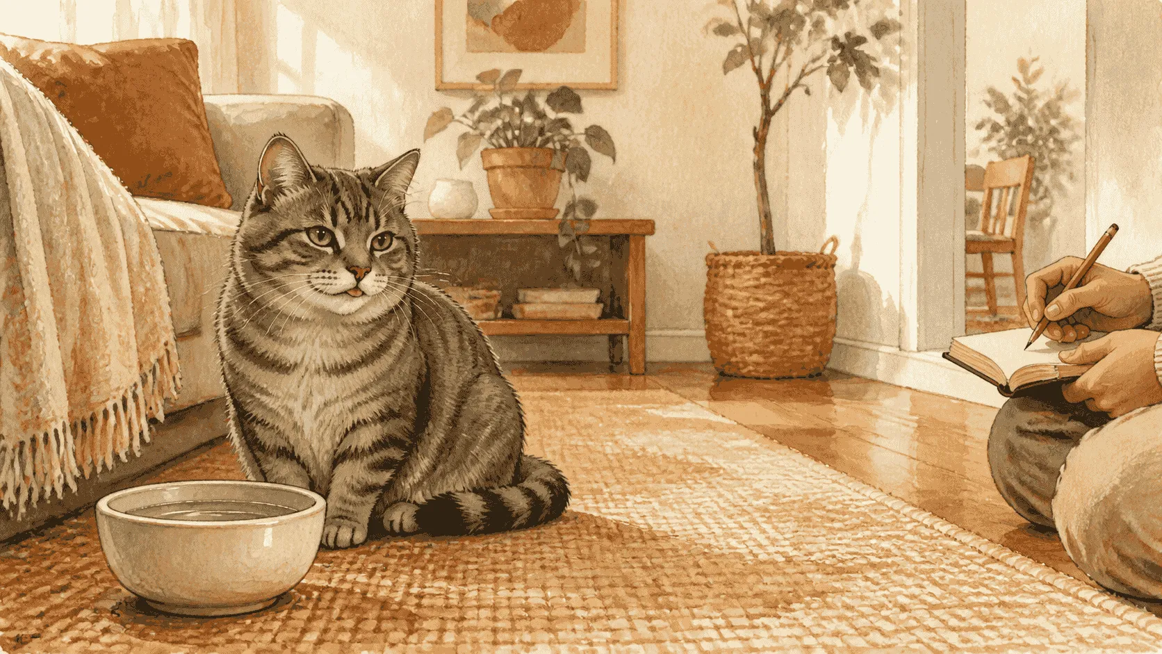 A gray tabby cat pauses after grooming on a folded cream blanket while a caregiver observes quietly from a nearby chair.