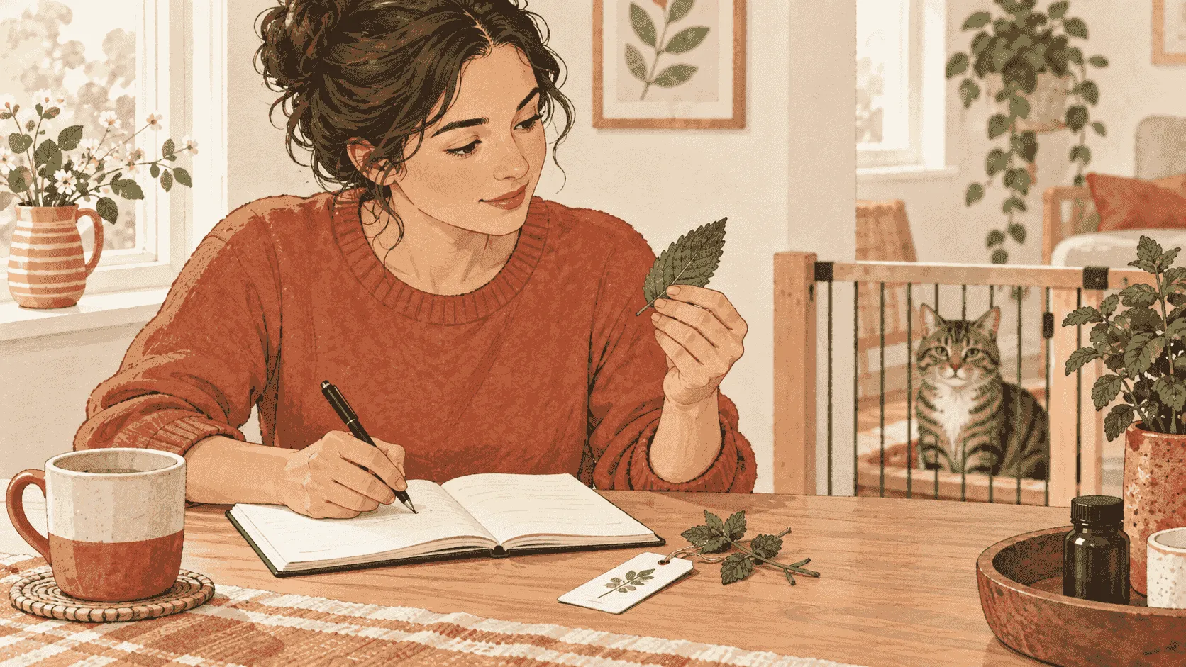 A caregiver checks a mint plant label while a tabby cat waits behind a low indoor gate and a closed bottle remains out of reach.