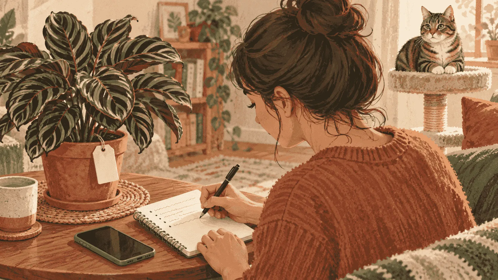 A caregiver records a possible plant exposure beside a potted Calathea while a tabby cat stays safely on a nearby perch.