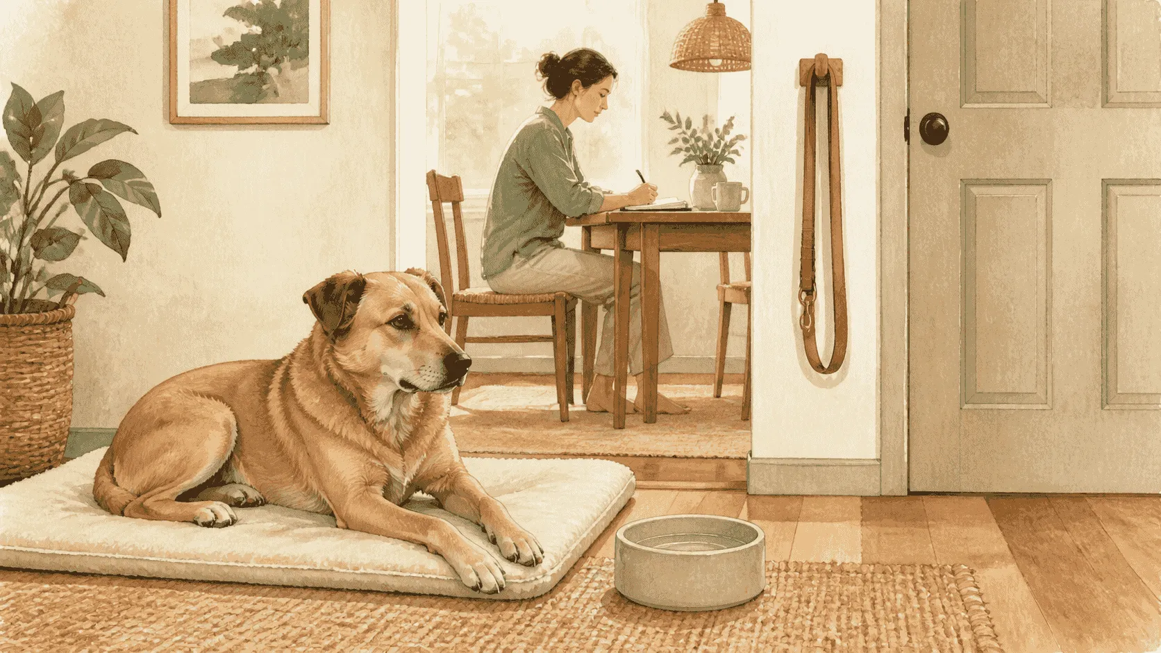 A tan dog rests with its own water bowl while a caregiver writes observations and a leash for a postponed dog-park visit hangs by the door.
