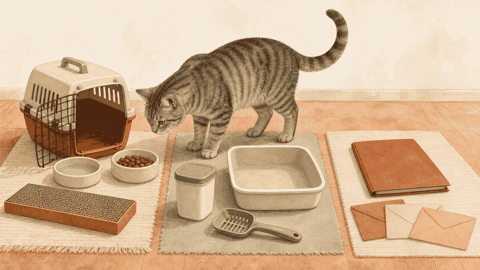 A gray tabby watches from an open carrier while a caregiver sorts bowls, a scratcher, a litter tray, and three unlabeled household budget envelopes.