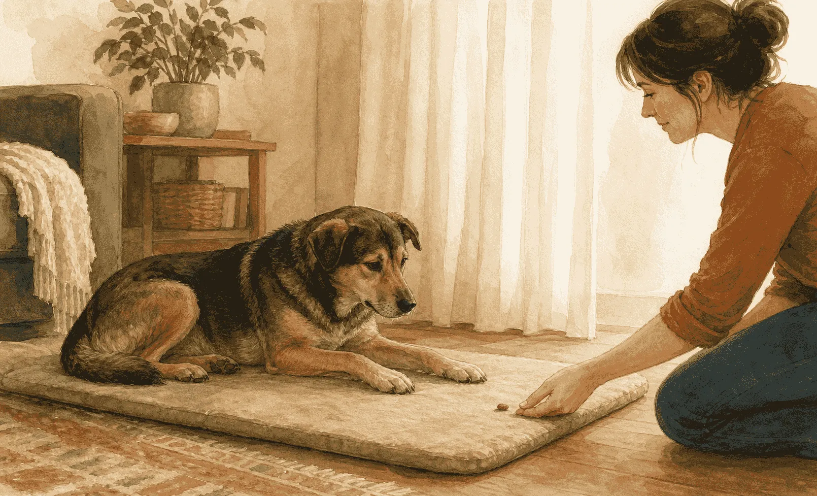 A relaxed mixed-breed dog lies on a mat as a kneeling caregiver places a small reward nearby.
