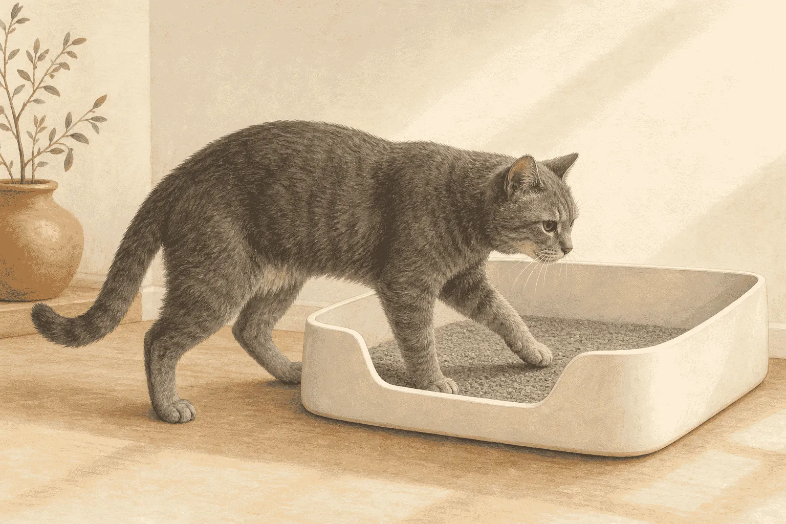 An older gray cat steps calmly into a clean open litter box through its lowered front entry.