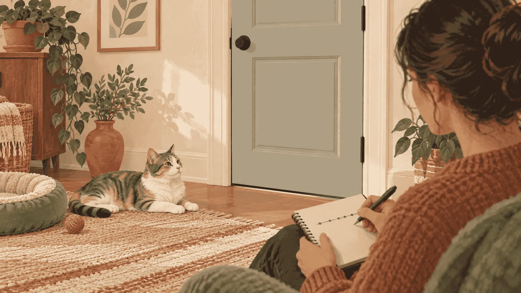 A caregiver notes a cat's heat-like behavior while the calm cat rests beside a closed indoor doorway.
