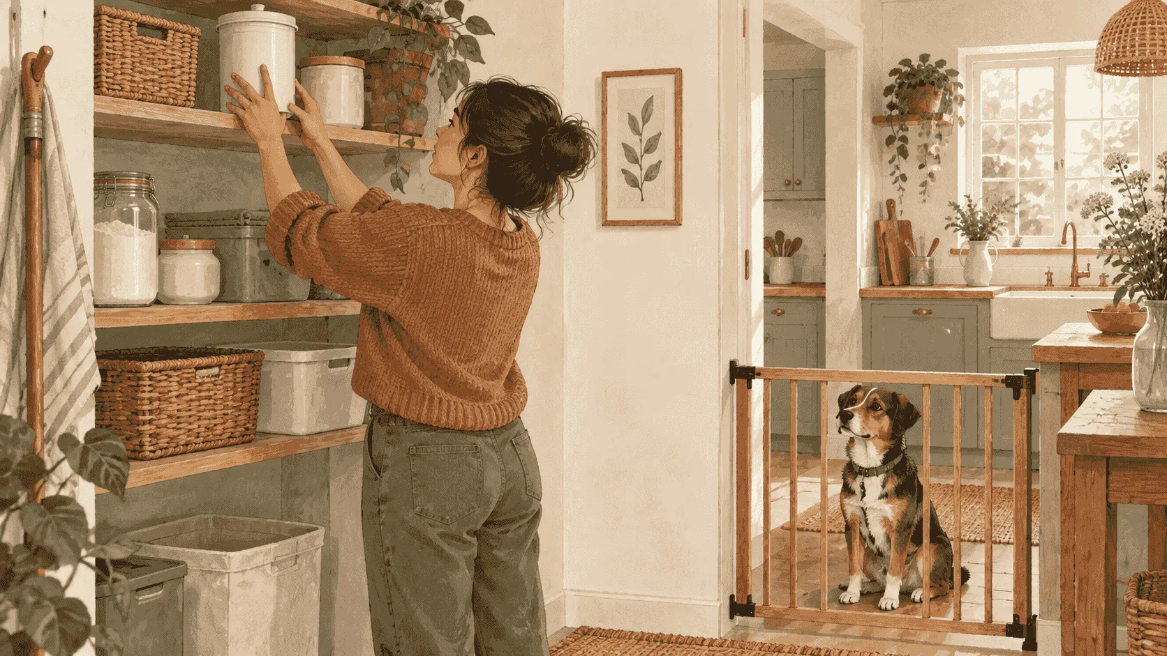A caregiver photographs a plain borax label and writes down the possible access time while a dog waits safely behind a low gate.