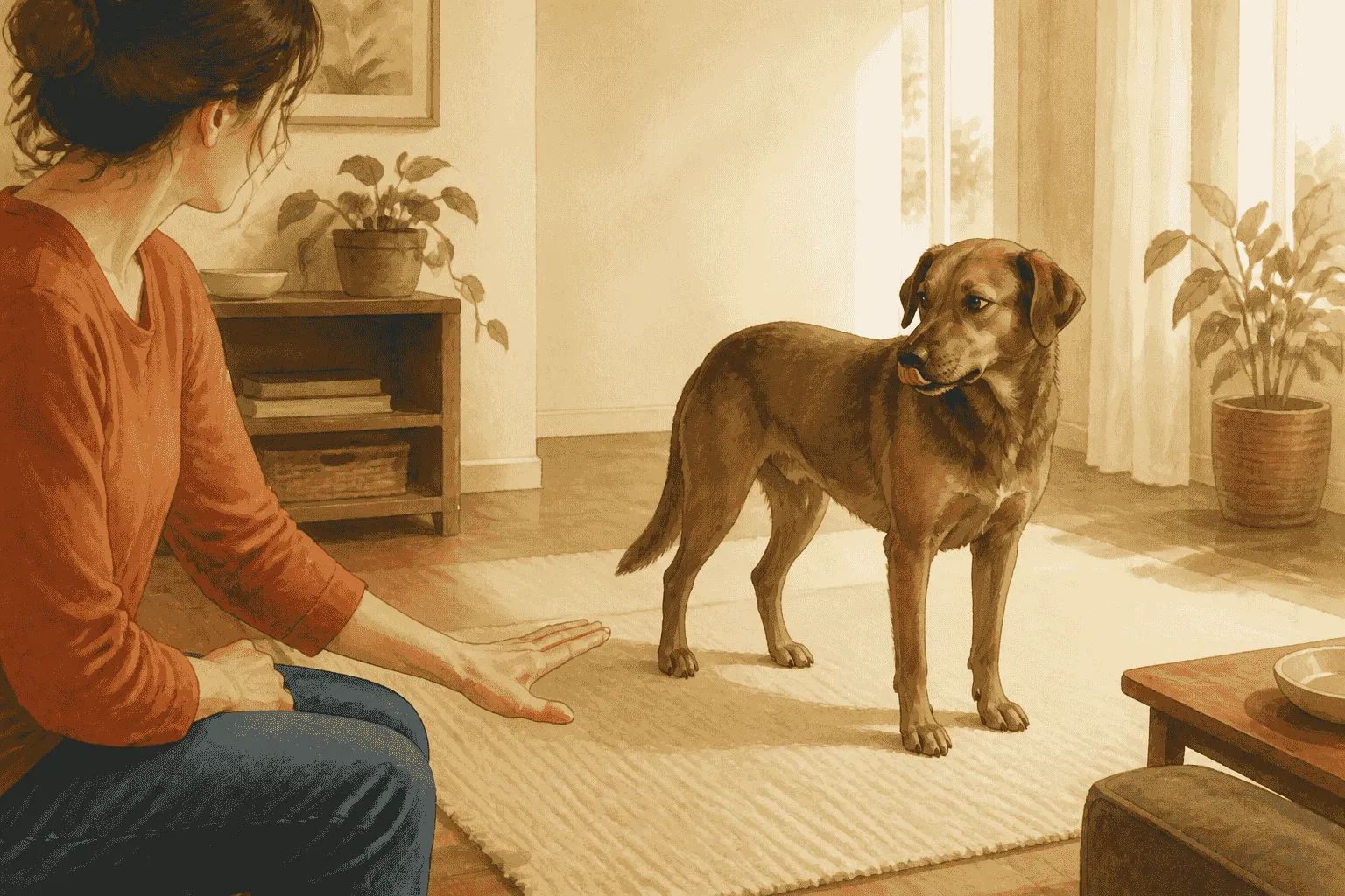 A caregiver pauses with an open hand as a brown dog turns its head away in a quiet, softly lit room.