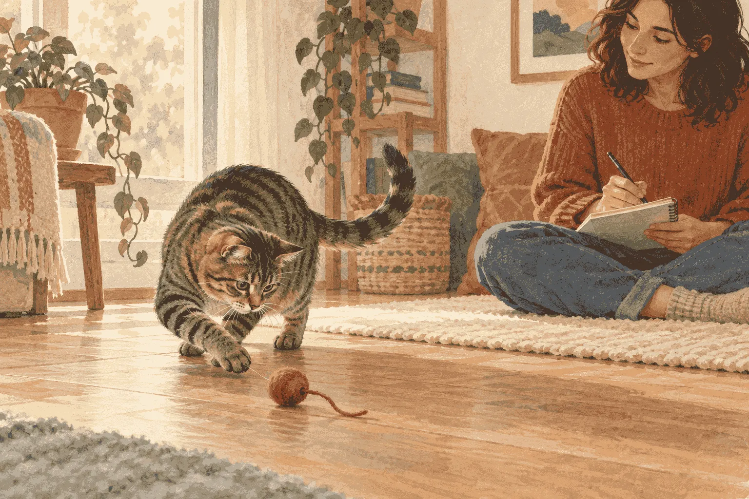 A young tabby cat pauses beside a soft toy while a caregiver writes a short observation from across the room.