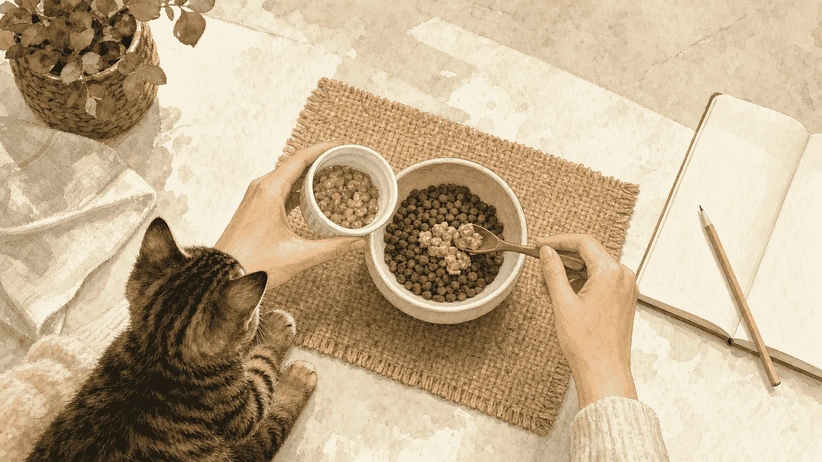 A caregiver adds a small amount of new food to a kitten's plain bowl while recording the meal in a notebook.